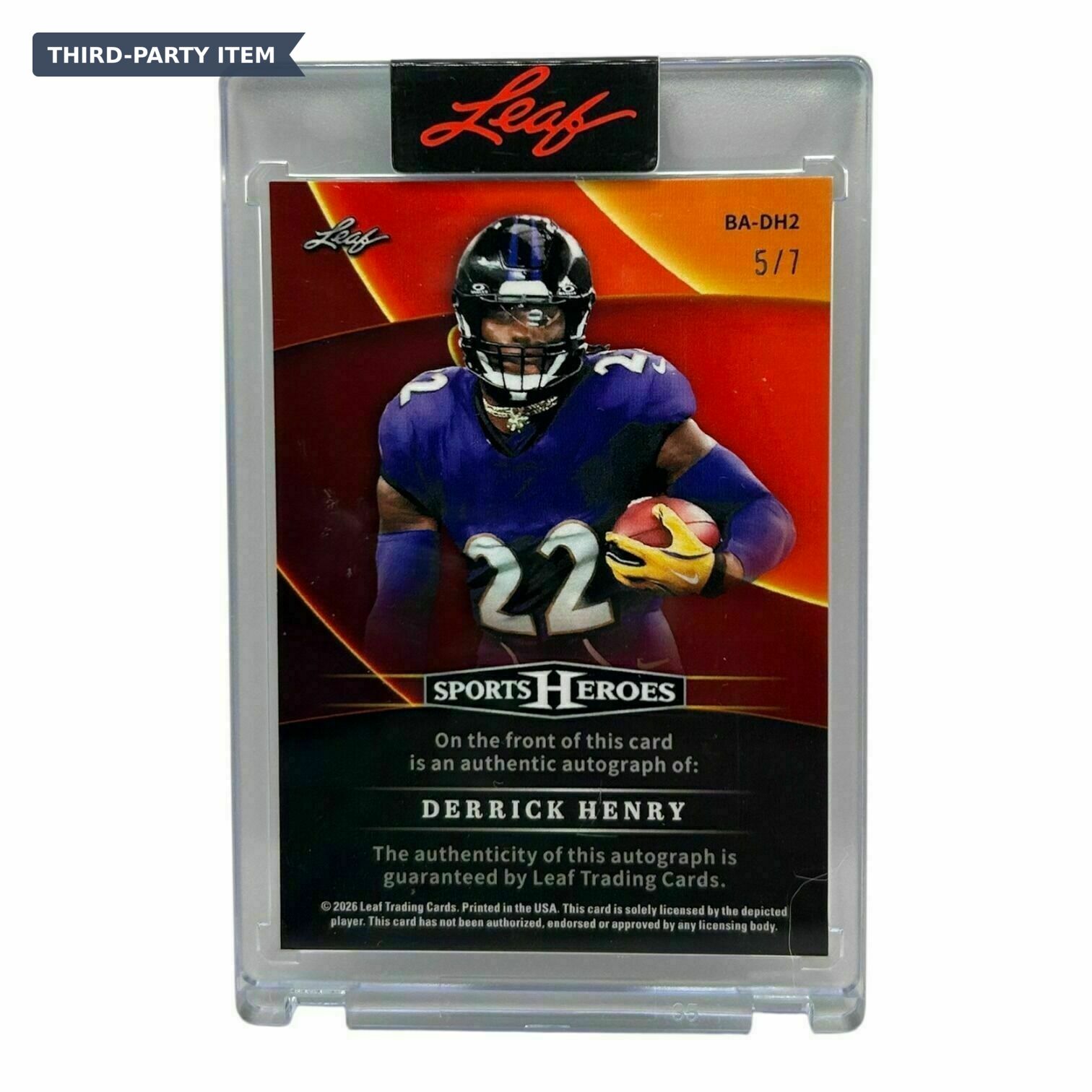 2026 Leaf Metal Sports Heroes Derrick Henry Prismatic Purple Limited /7 Autograph Trading Card