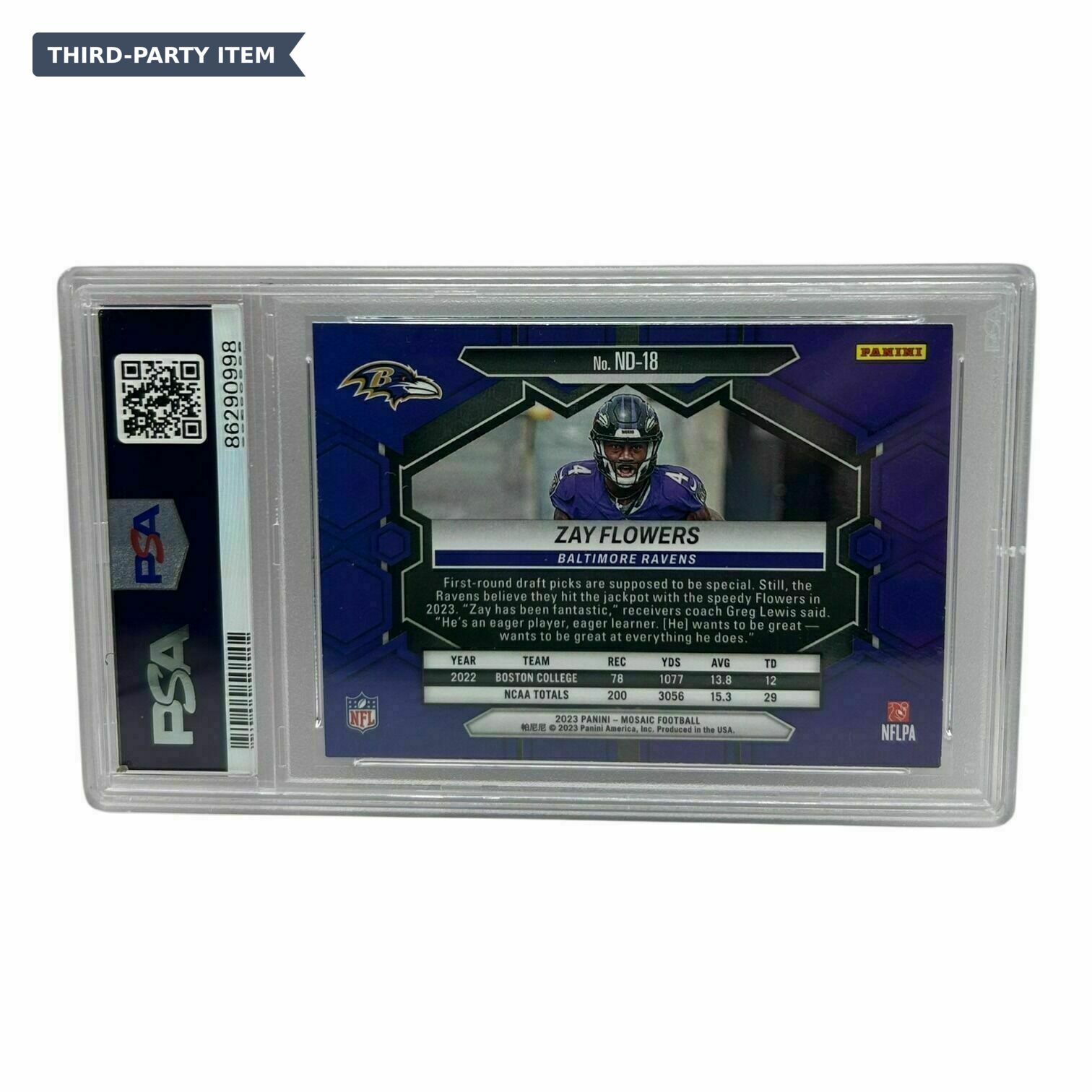 2023 Panini Mosaic Zay Flowers NFL Debut Rookie Trading Card - PSA Grade 9 Mint