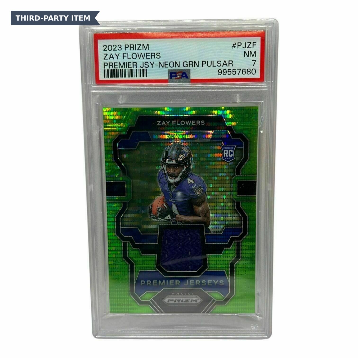 2023 Panini Prizm Zay Flowers Premier Jerseys Neon Green Pulsar Jersey Patch Rookie Trading Card - PSA Grade 7 NM