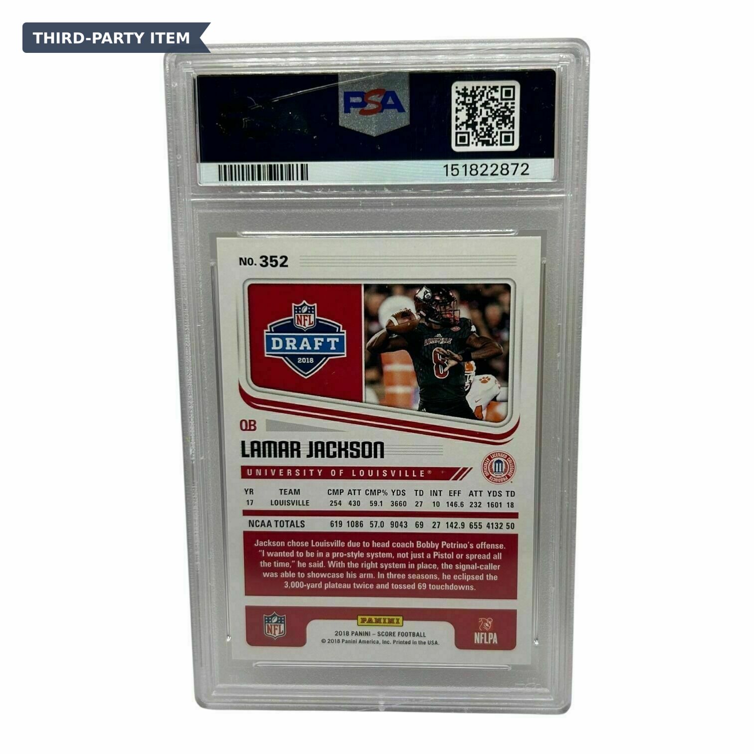 2018 Score Lamar Jackson Rookie Trading Card - PSA Grade 9 Mint