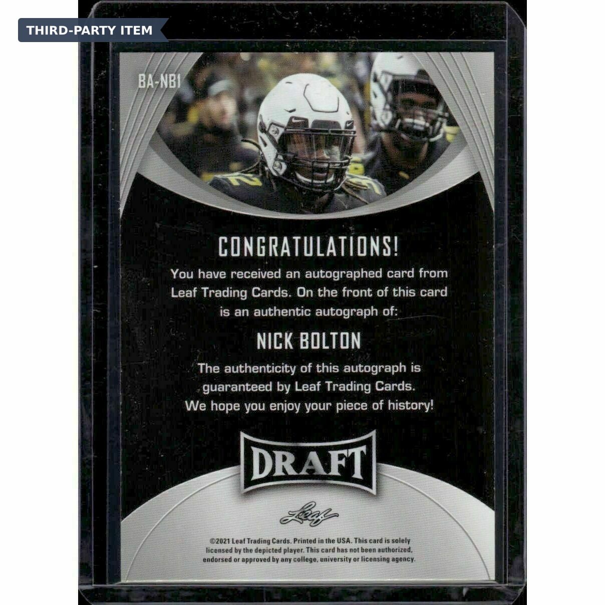 2021 Leaf Draft Nick Bolton Rookie Autograph Trading Card