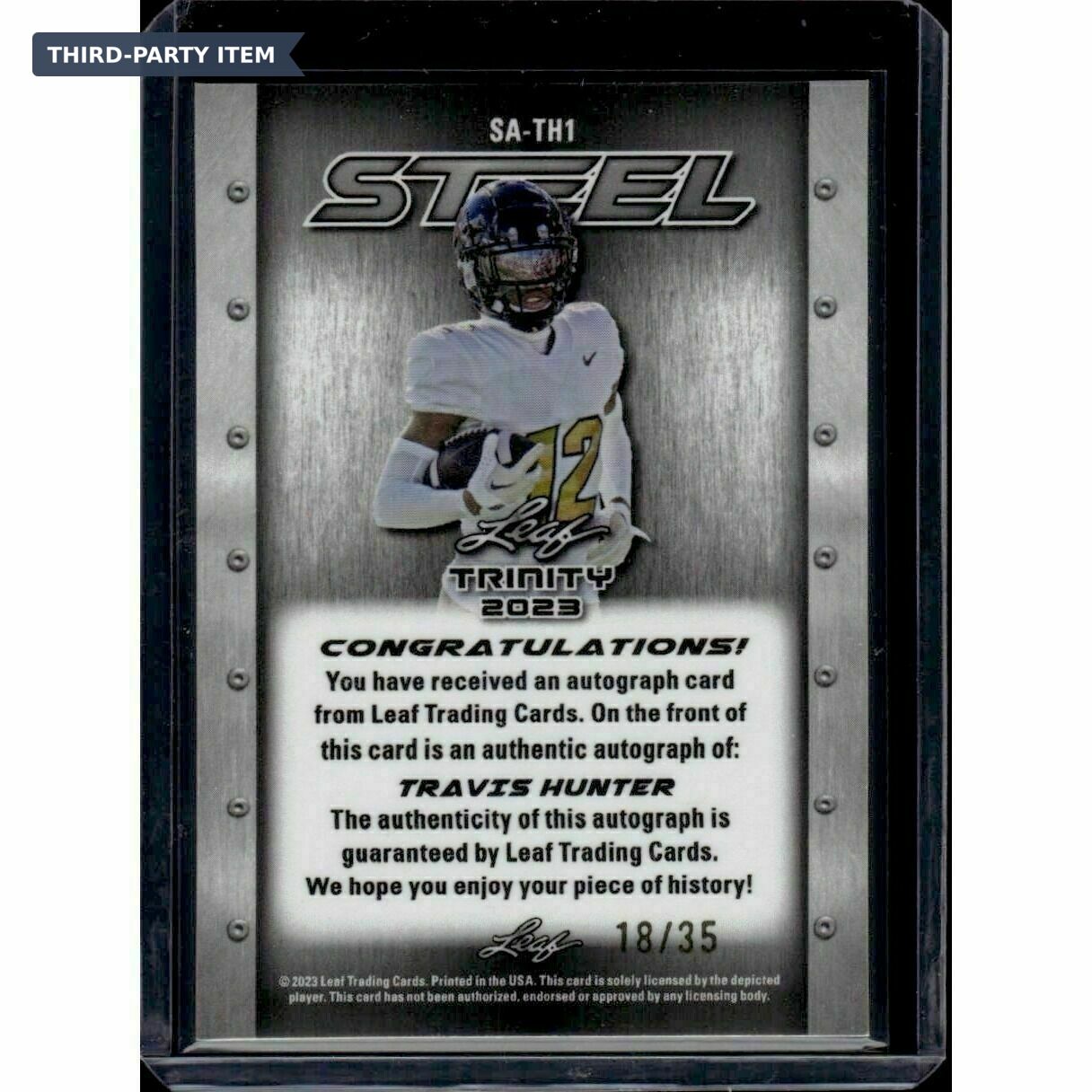 2023 Leaf Trinity Travis Hunter Steel Purple /35 Rookie Autograph Trading Card