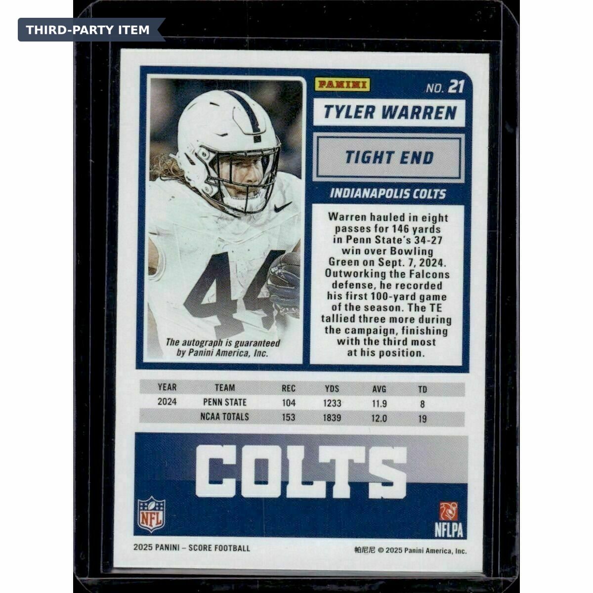 2025 Panini Score Tyler Warren Rookie Signatures Autograph Trading Card