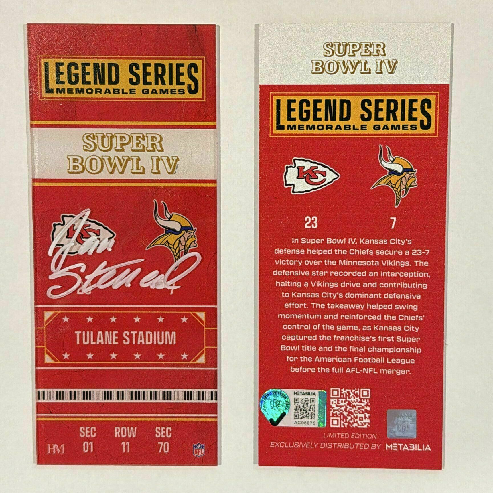 Jan Stenerud Signed 1970 Legend Series Commemorative Ticket