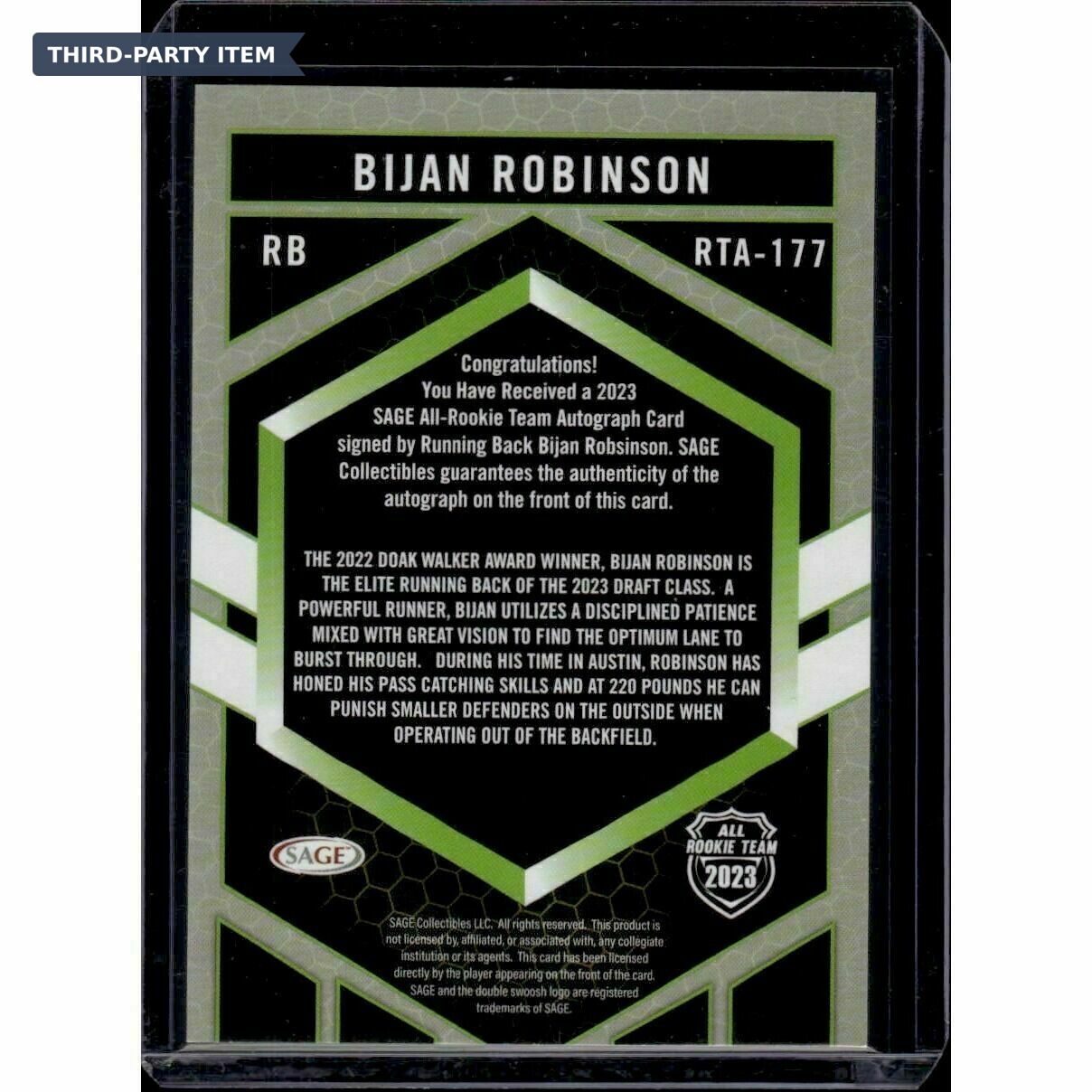 2023 Sage Bijan Robinson All Rookie Team Pink Foil Rookie Autograph Trading Card