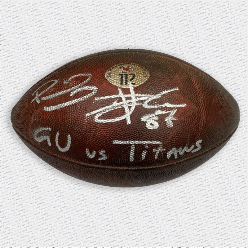 Mahomes & Kelce Dual signed & inscript Game-Used Ball #112 vs TEN