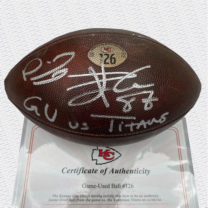 Mahomes & Kelce Dual signed & inscript Game-Used Ball #126 vs TEN