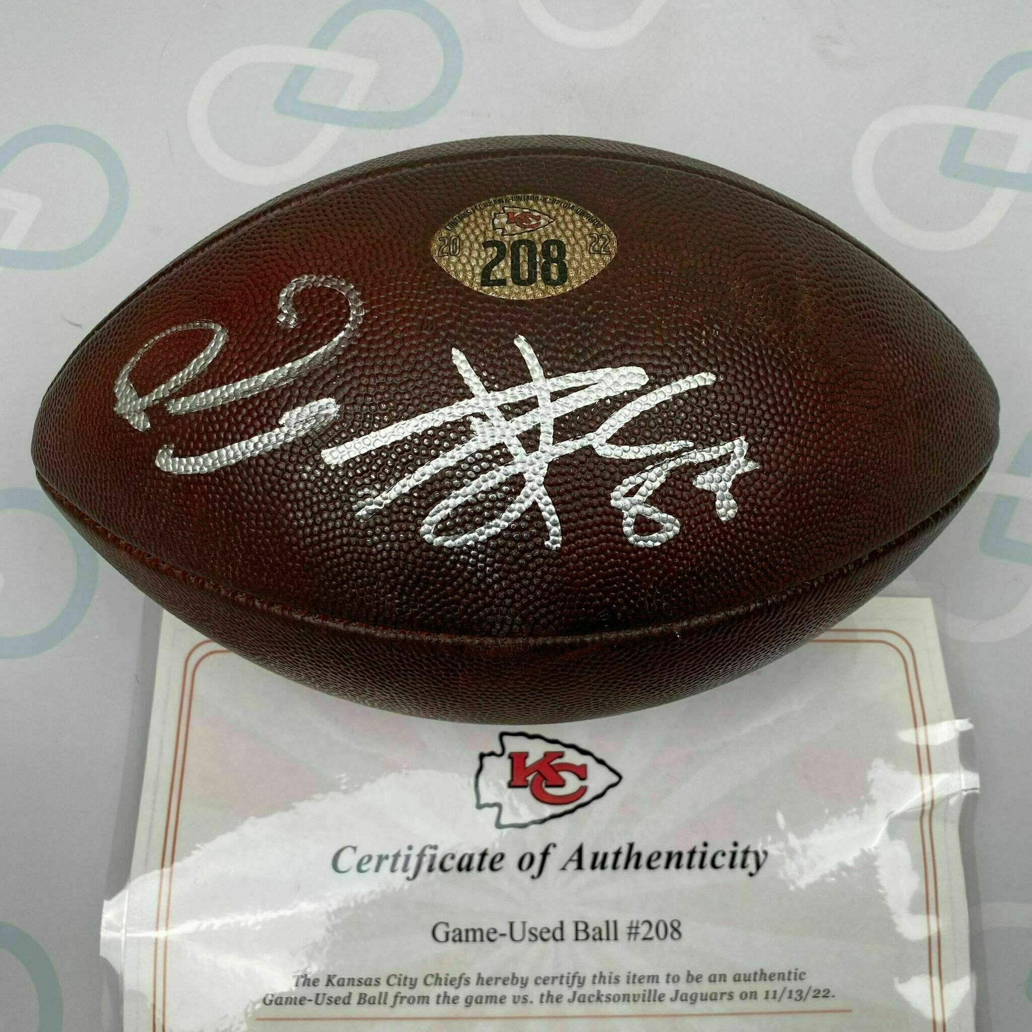 Mahomes and Kelce Dual Signed Game Used Ball from Record Setting Season #208 vs Jax