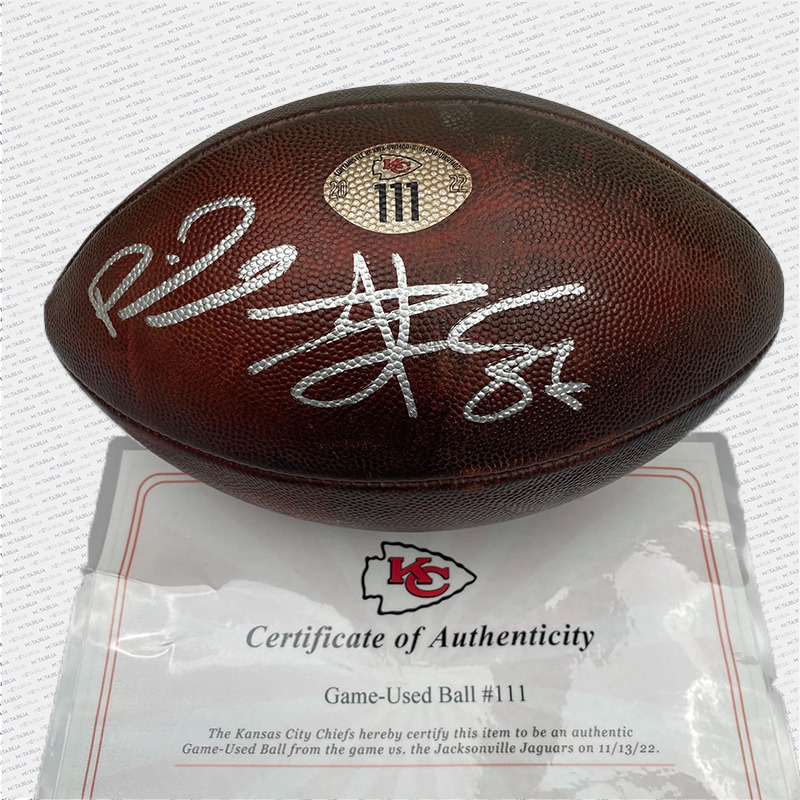 Mahomes and Kelce Dual Signed Game Used Ball from Record Setting Season #111 vs Jax