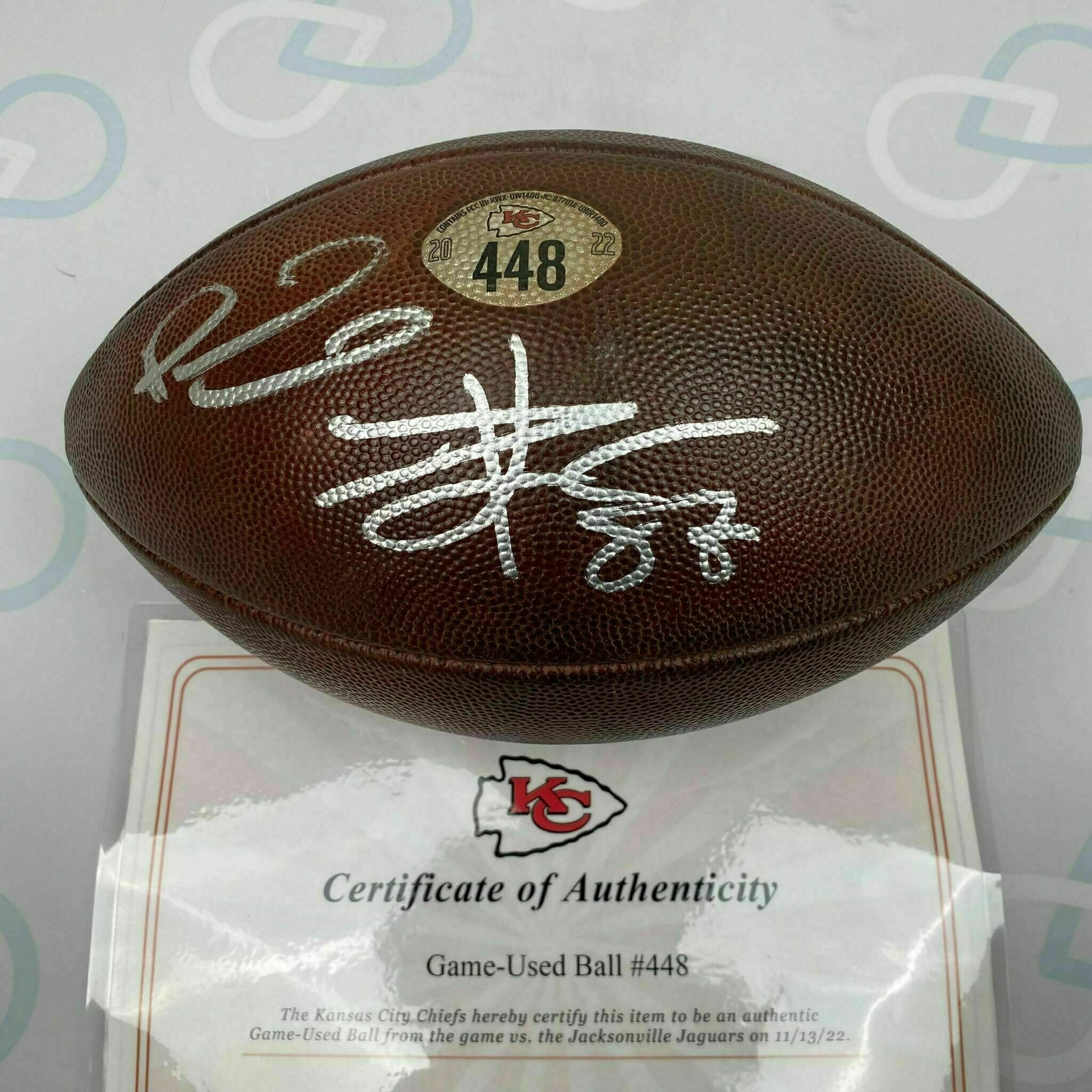Mahomes and Kelce Dual Signed Game Used Ball from Record Setting Season #448 vs Jax