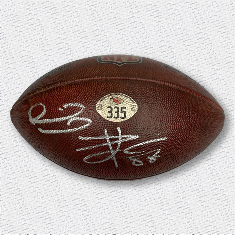 Mahomes and Kelce Dual Signed Game Used Ball from Record Setting Season #335 vs Jax