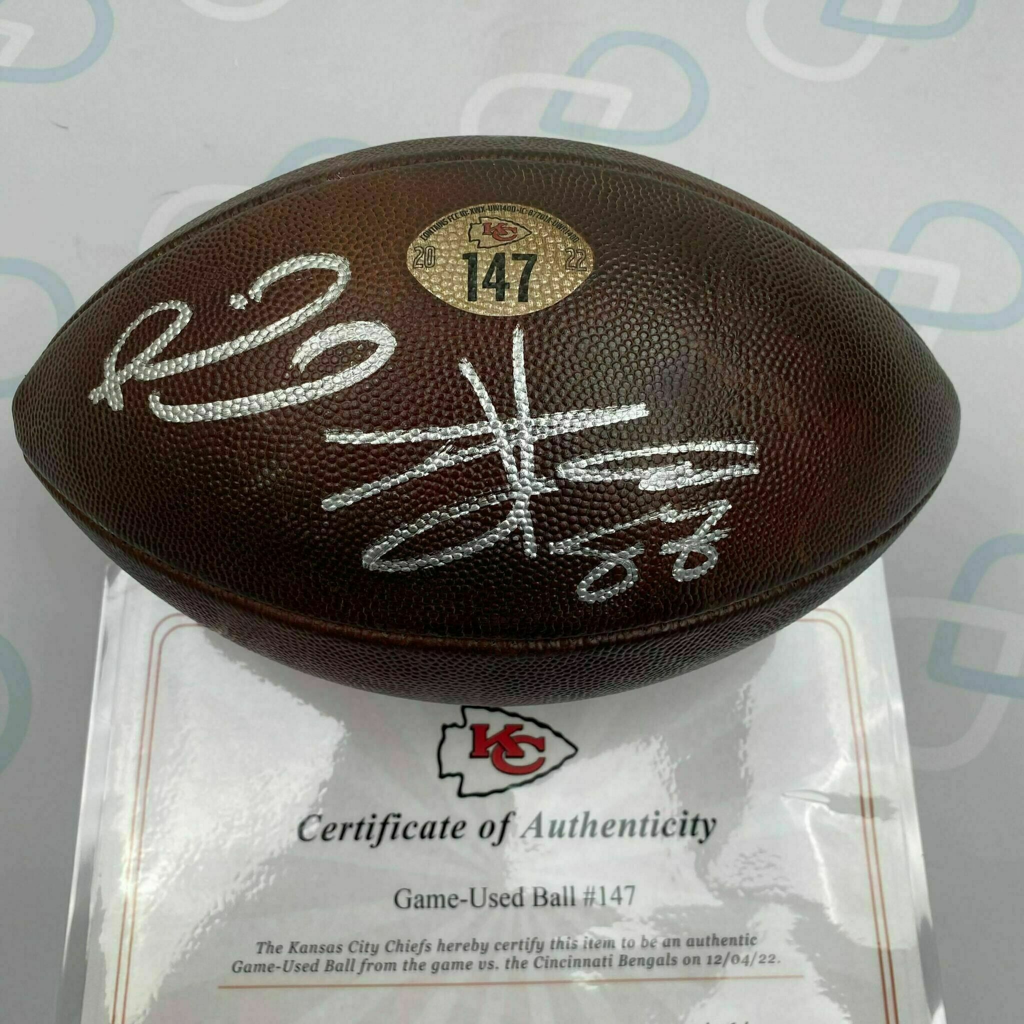 Mahomes & Kelce Dual Signed Game Used Ball #147 vs Bengals