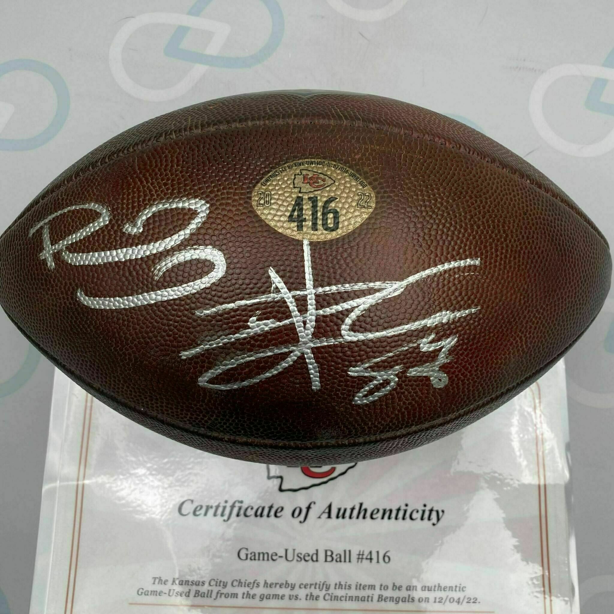 Mahomes & Kelce Dual Signed Game Used Ball #416 vs Bengals
