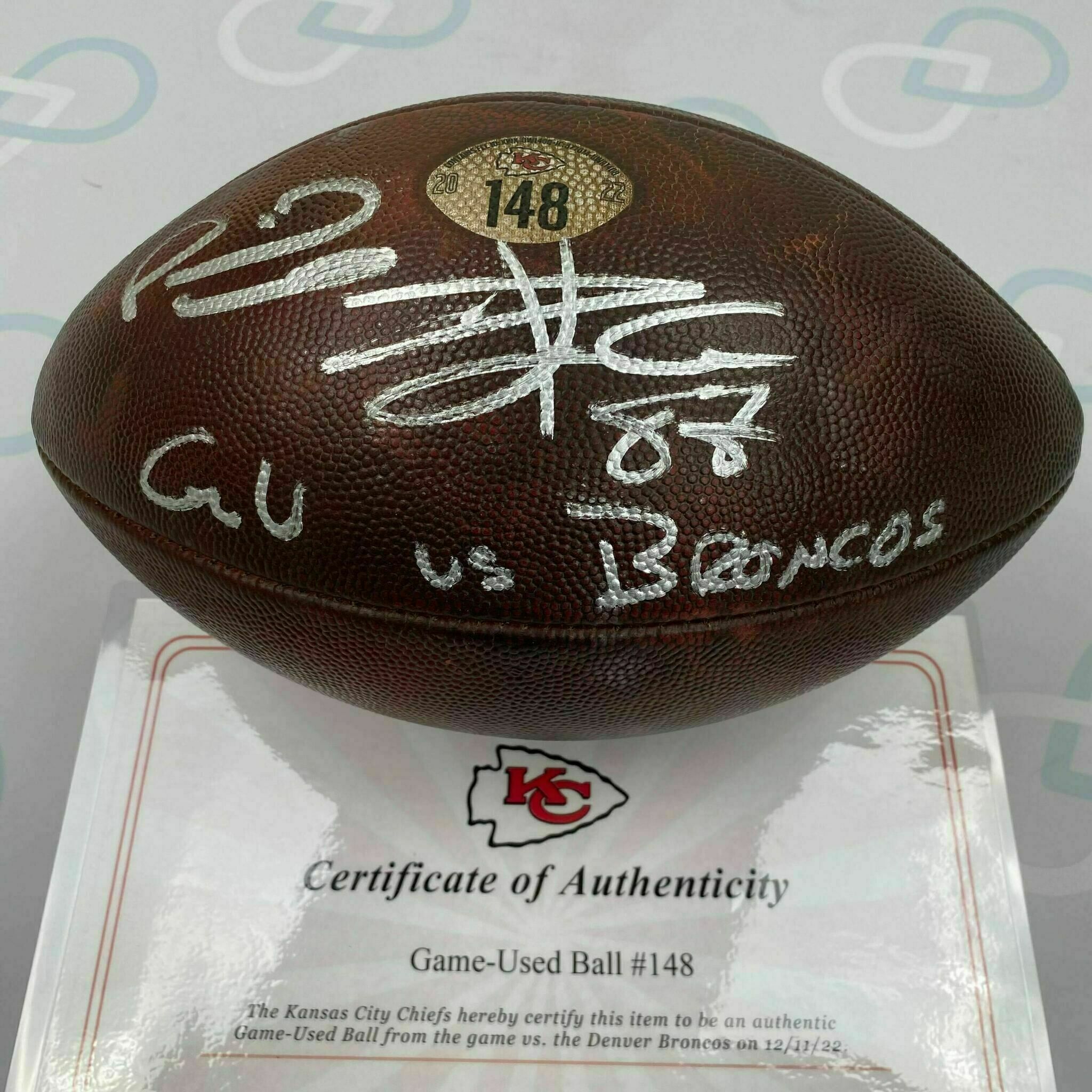 Mahomes & Kelce Dual Signed & Inscribed Game Used Ball #148 vs Denver
