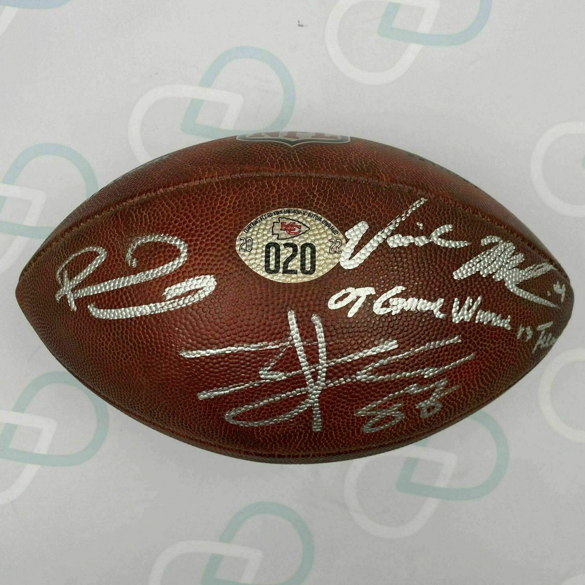 Mahomes Kelce & McKinnon Signed OT Game Winning Ball #020 vs Texans