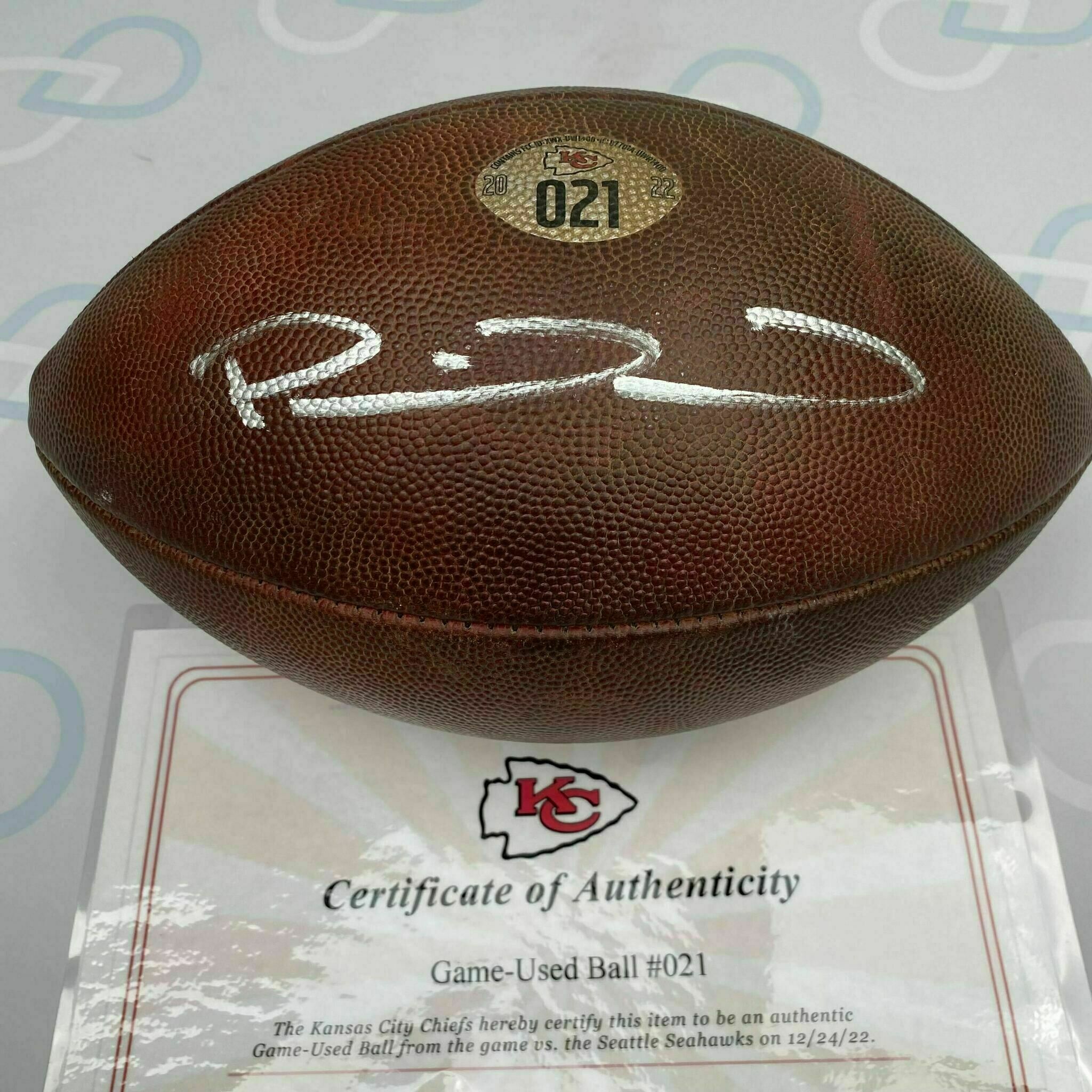 Mahomes Signed Game Used Ball from Record Setting Season #021 vs Seattle
