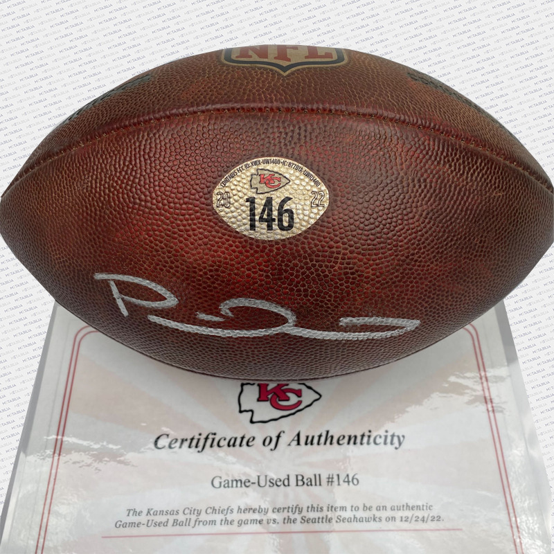 Mahomes Signed Game-Used Ball from Record Setting Season #146 vs Seattle