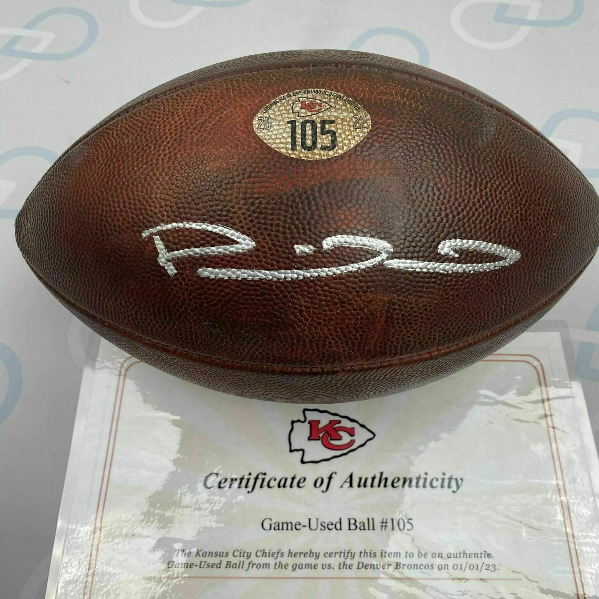 Mahomes Signed New Year's Day Game Used Ball #105 vs Denver