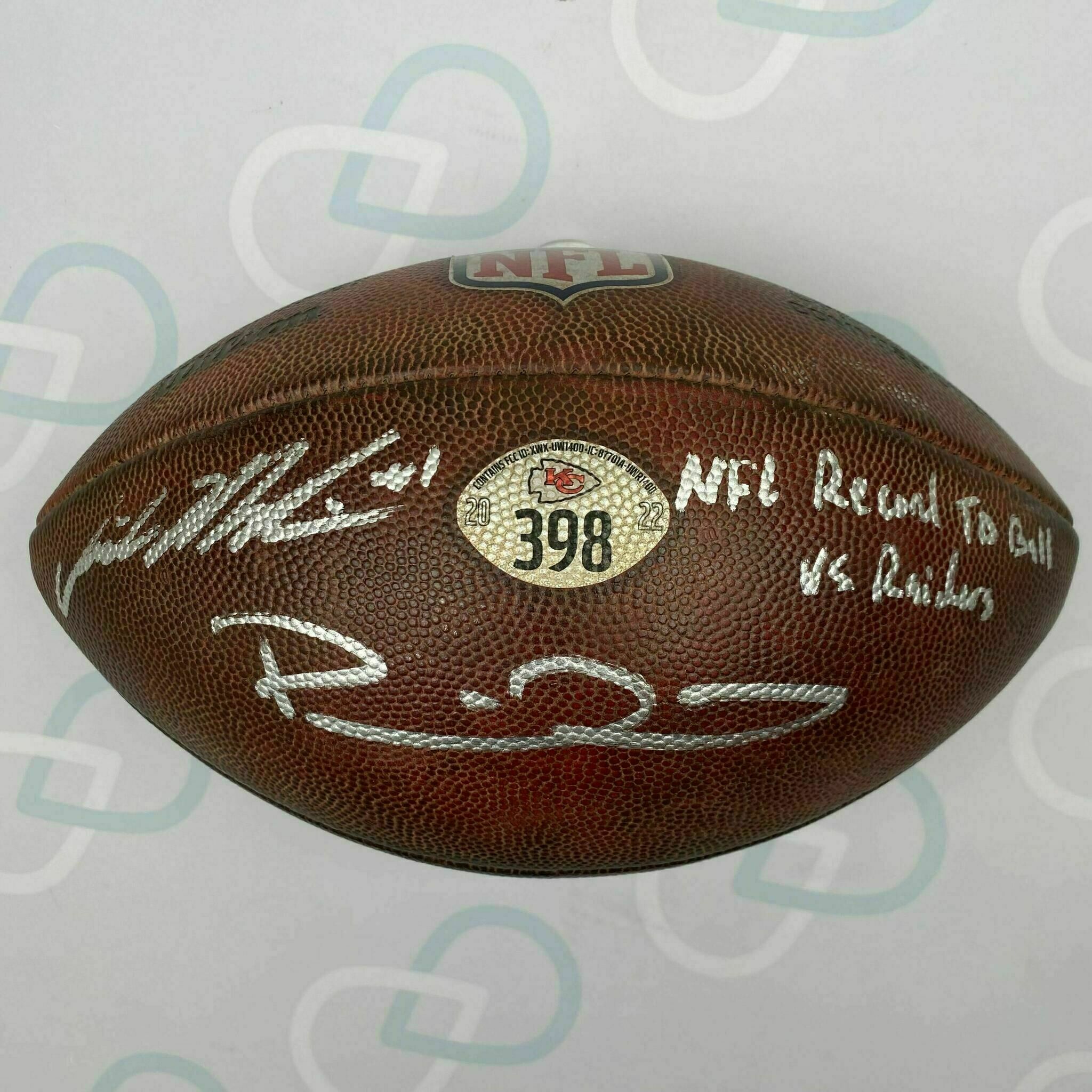 Mahomes & McKinnon SIGNED Game-Used TD Ball #398 vs Raiders
