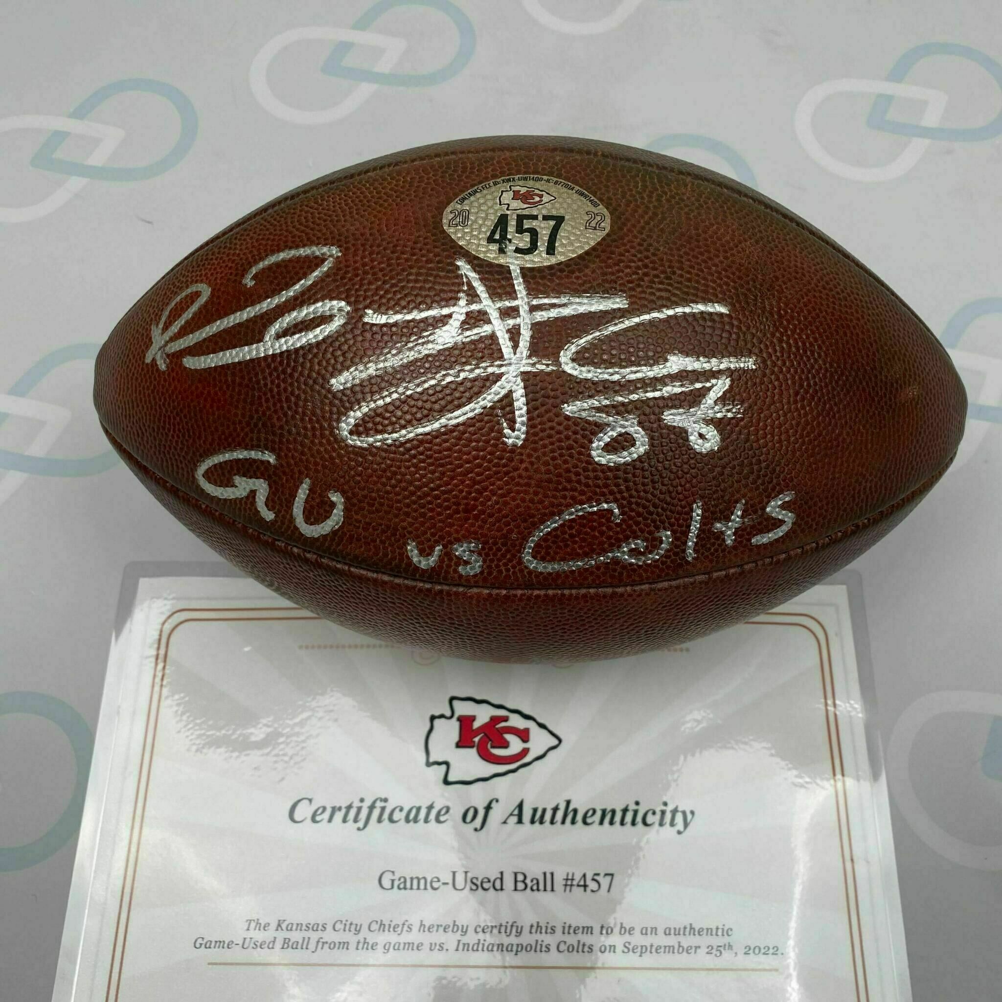 Mahomes & Kelce Signed Game-Used Ball #457 vs Colts