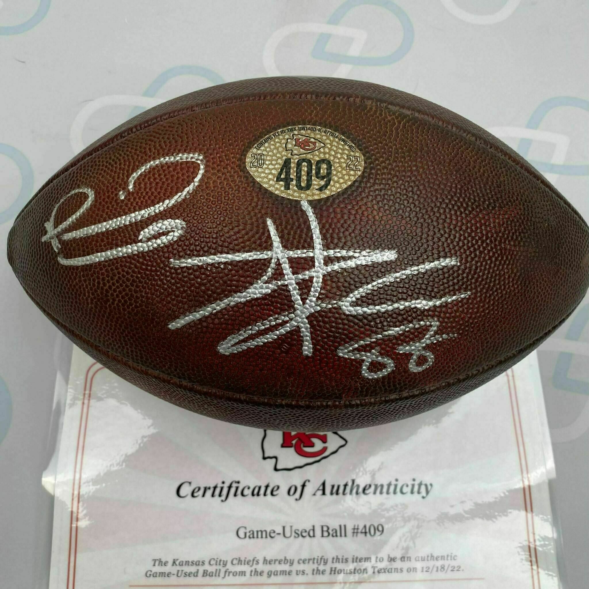 Mahomes & Kelce Signed Game Used Ball #409 vs Texans
