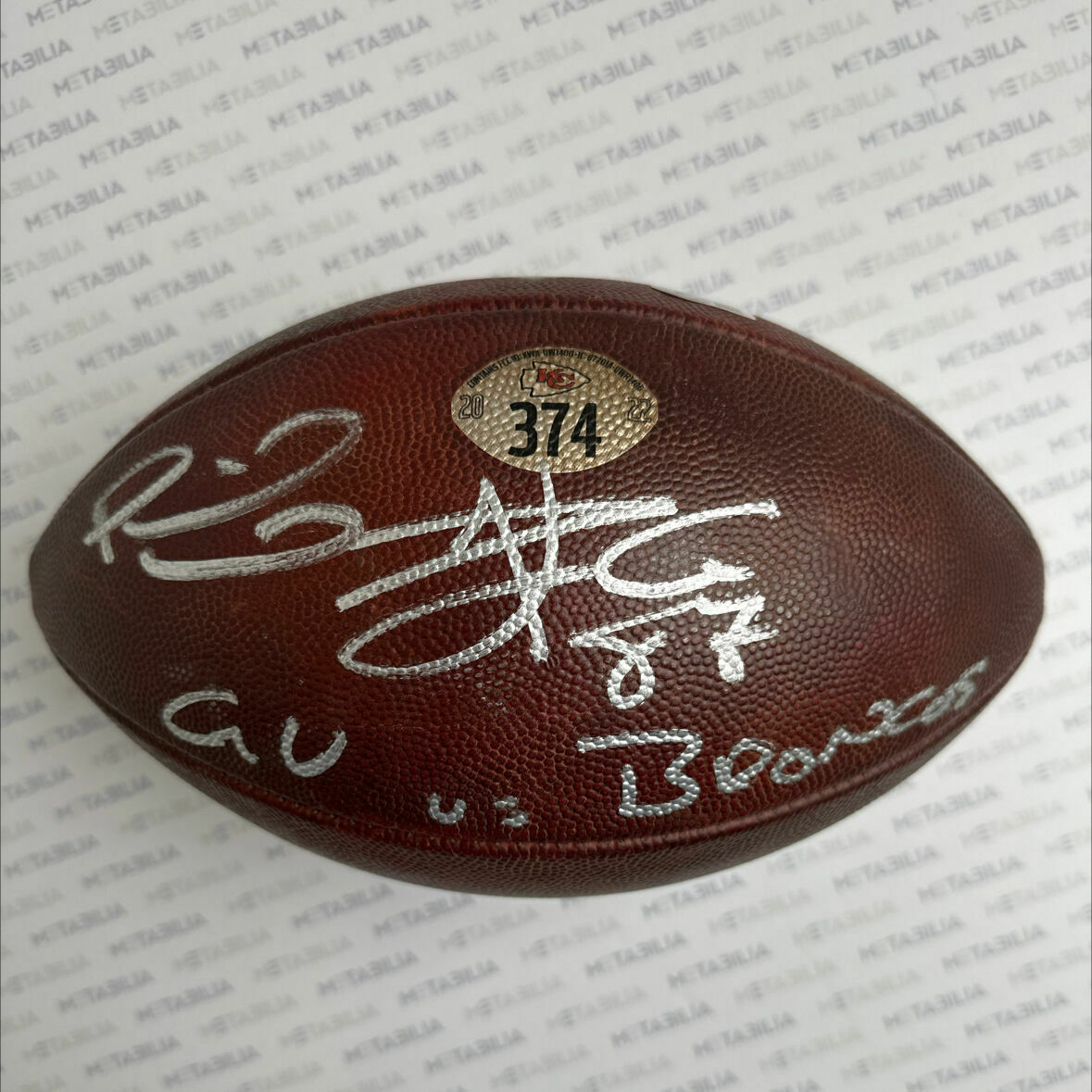 Mahomes & Kelce Dual Signed Game Used Ball #374 vs Denver - photomatched