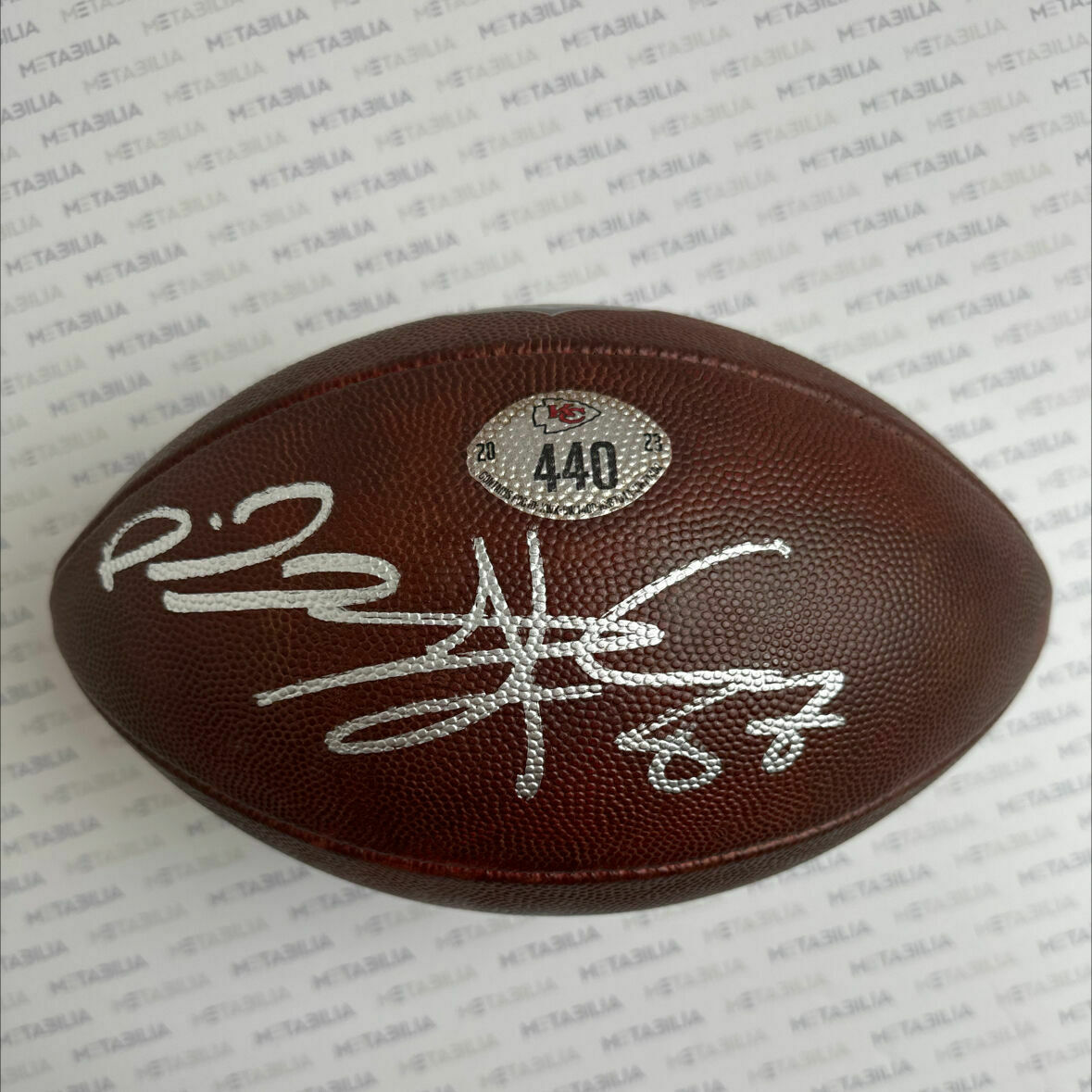 Mahomes & Kelce Dual Signed MAHOMES 25,000 CAREER PASSING YARDS RECORD Game-Used Ball #440 vs CHI - PHOTOMATCHED