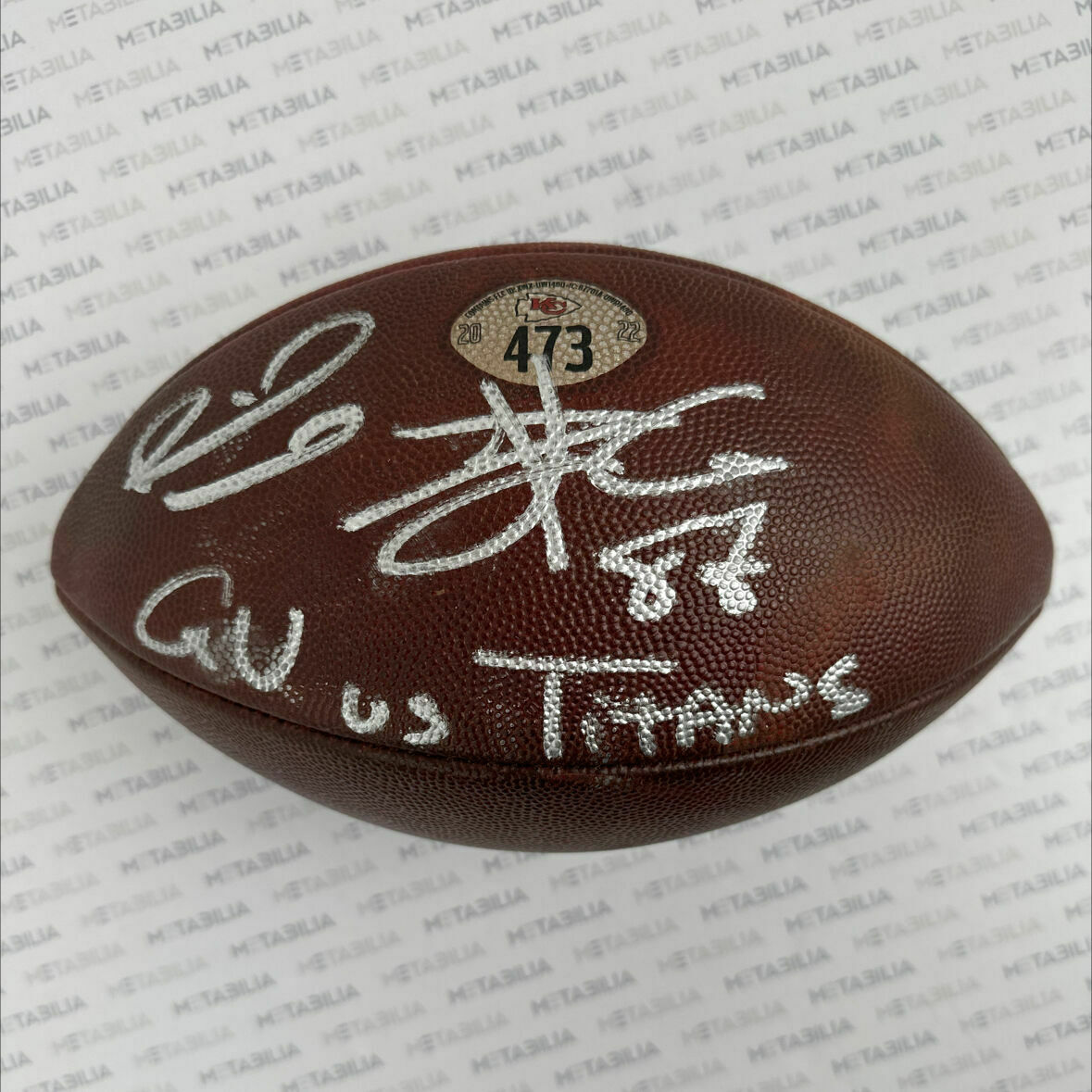 Mahomes & Kelce Dual Signed Game Used Ball #473 vs Buccaneers