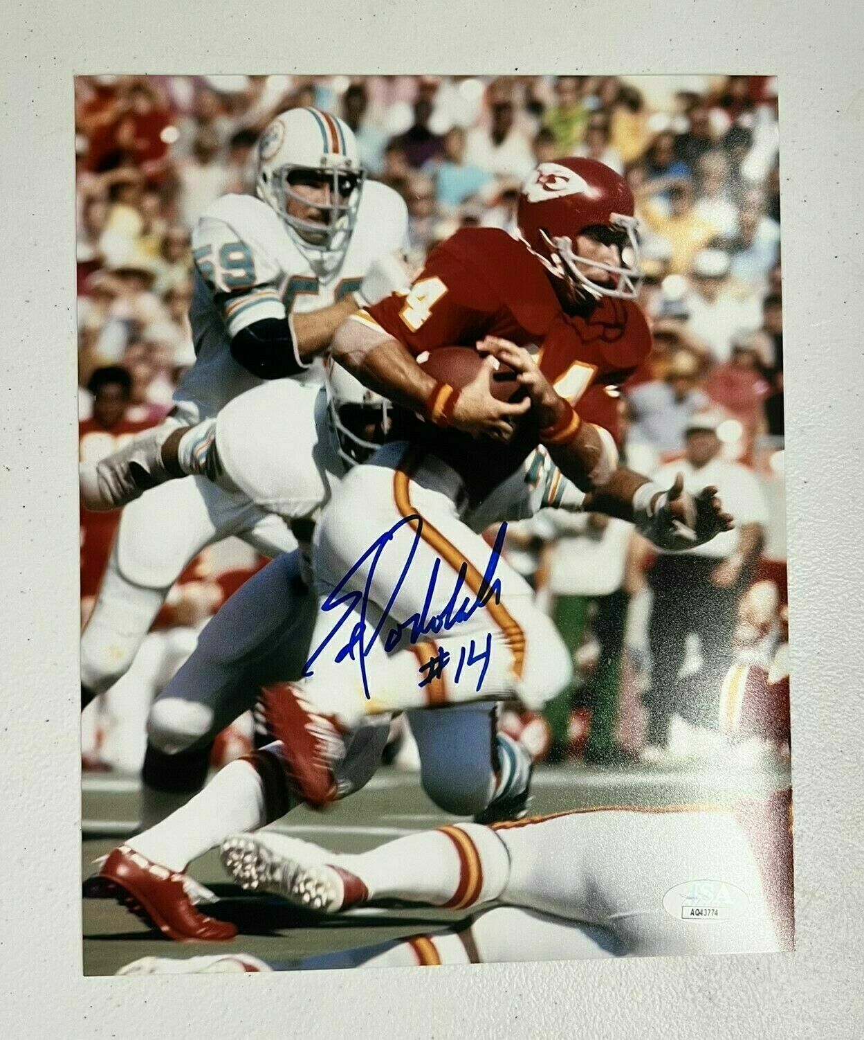 Ed Podolak Autographed Running in Red Jersey 8x10 Photo - Signed in Blue - JSA 200038