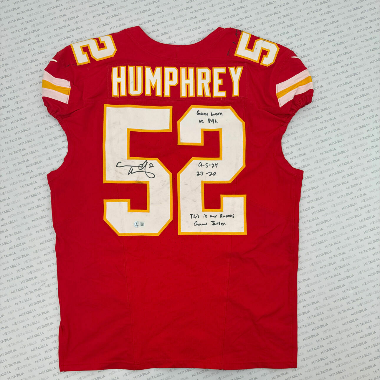 #52 HUMPHREY Signed & Inscribed Game-Worn Jersey vs Ravens