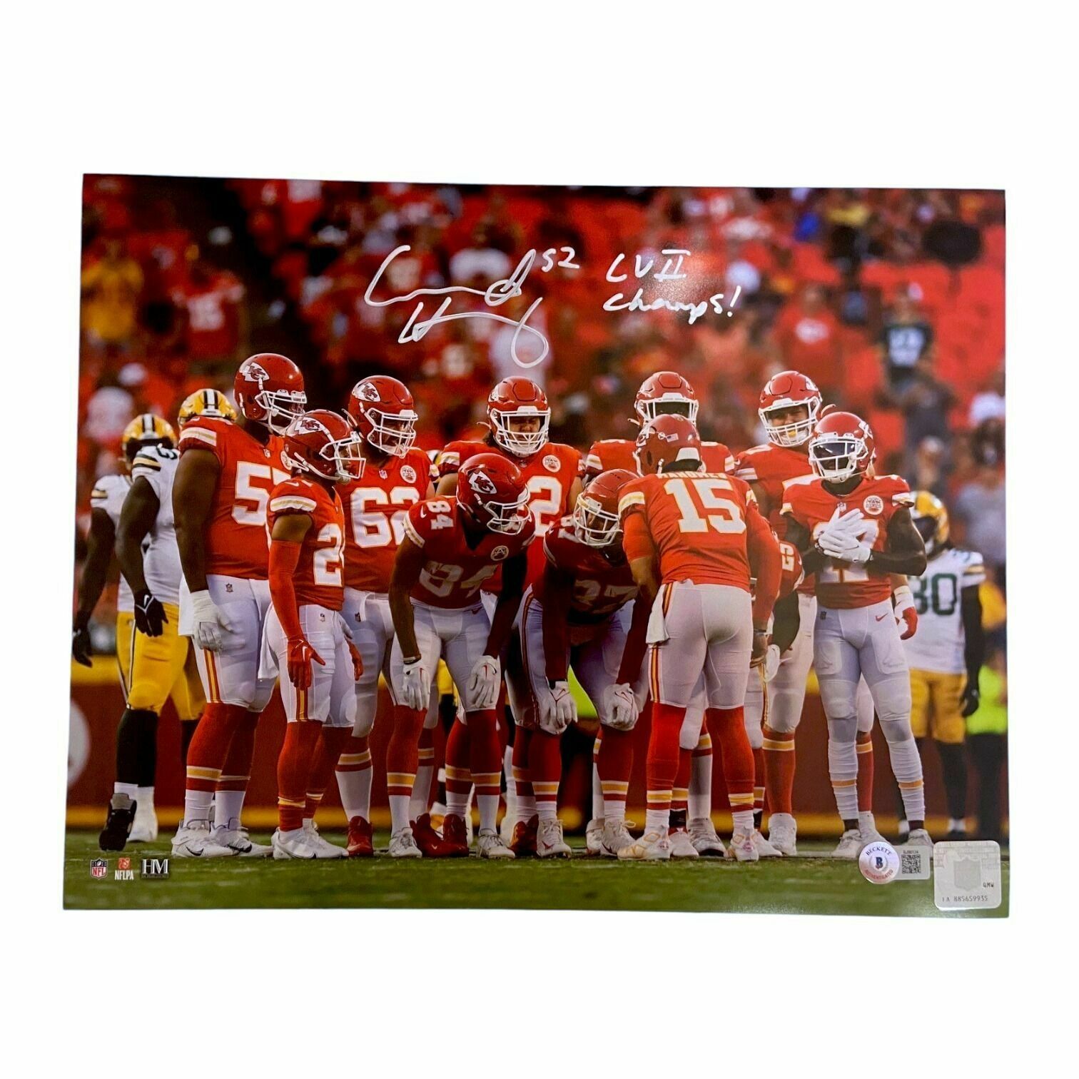 Creed Humphrey Autographed 8x10 Huddle Photo w/SB LVII Champs! Inscription  - Beckett
