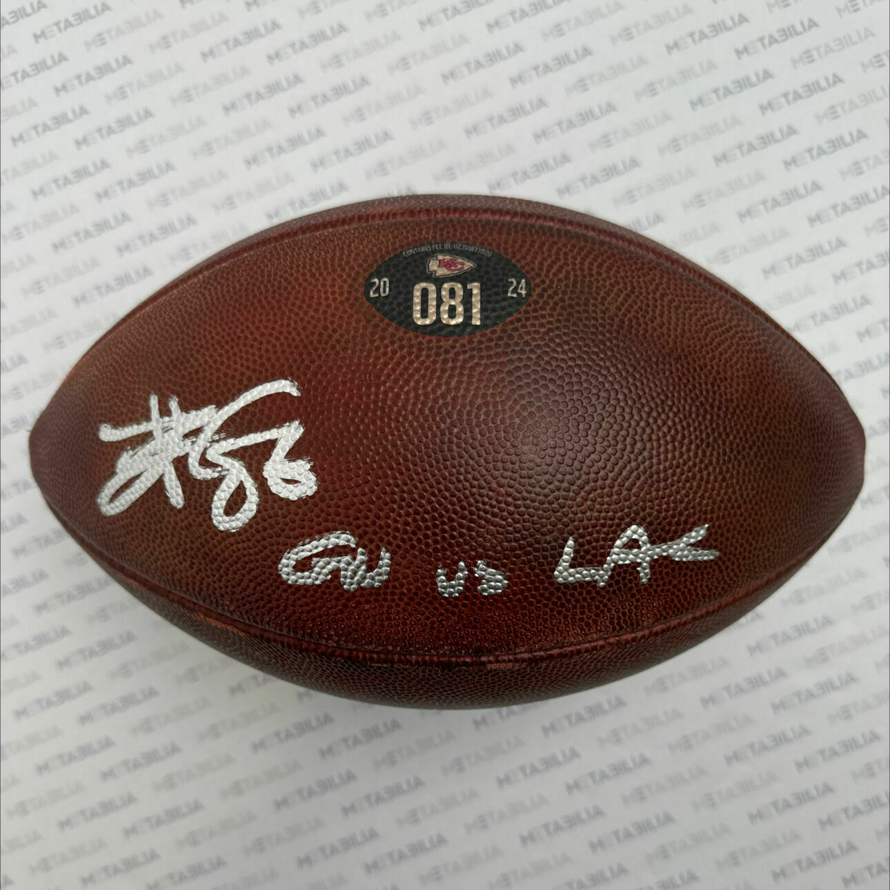 Kelce Signed & Inscribed Game-Used Ball #081 vs Chargers