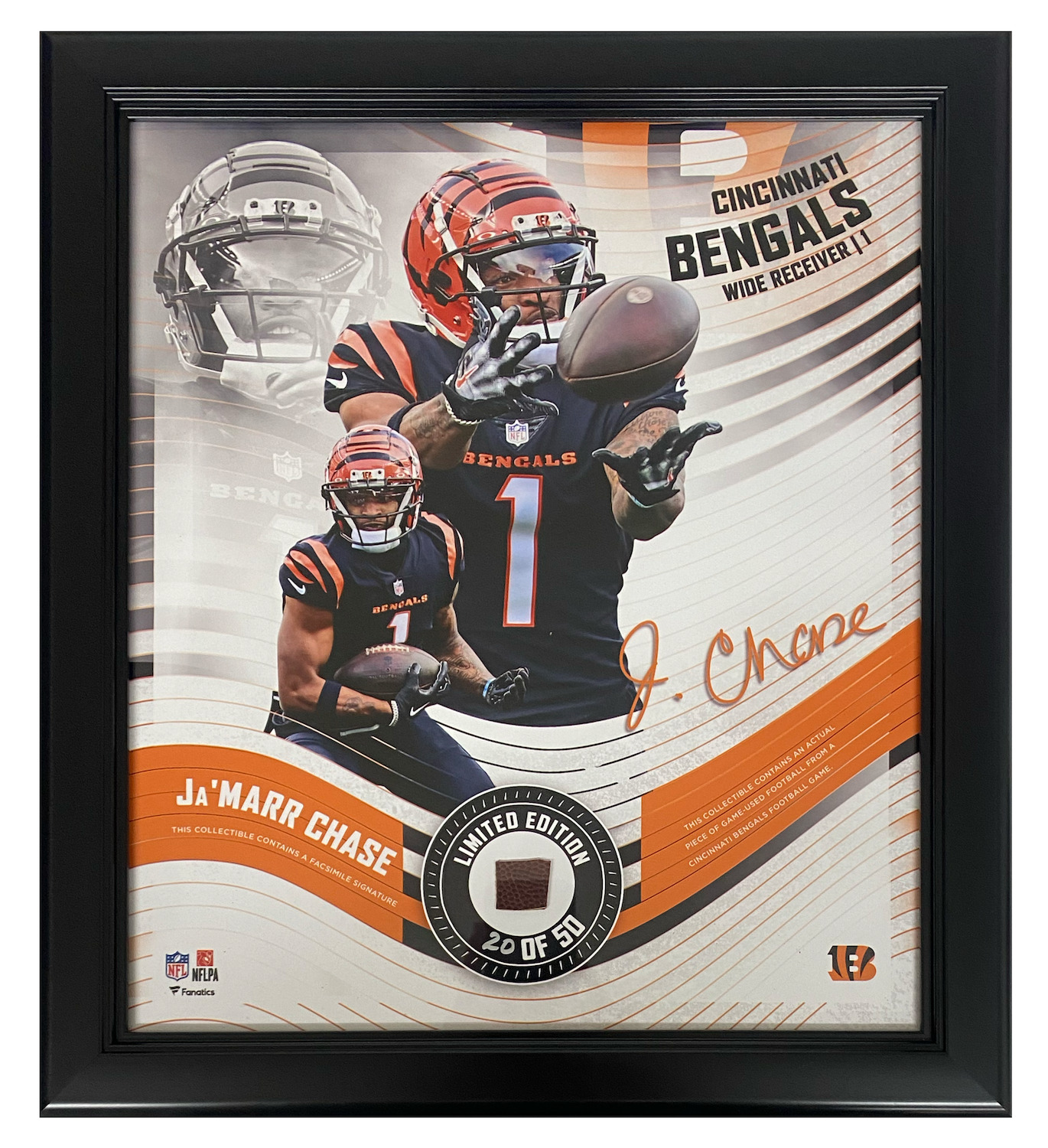 Ja'Marr Chase Bengals "Receiving" Framed 15" x 17" Game-Used Football Collage LE 50