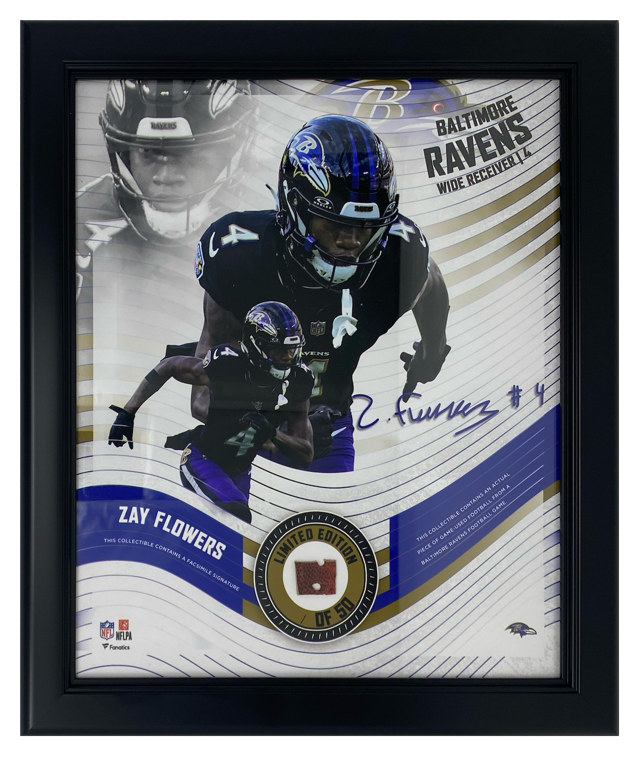 Zay Flowers Baltimore Ravens Framed 15" x 17" Game-Used Football Collage LE 1/50