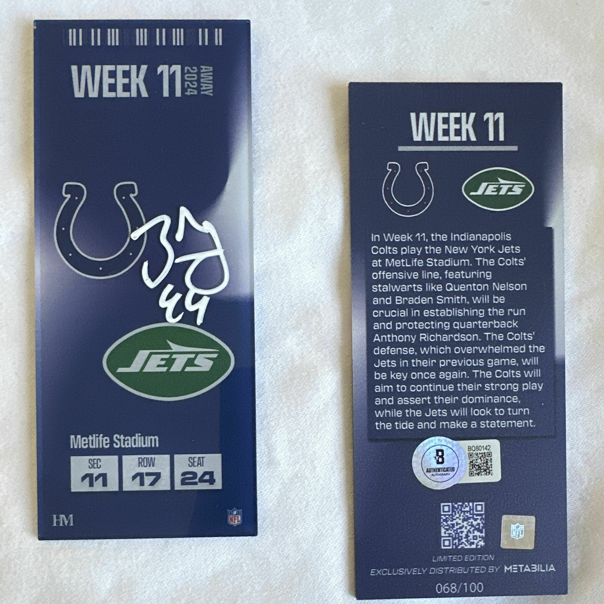 Zaire Franklin Signed Commemorative Ticket - Week 11