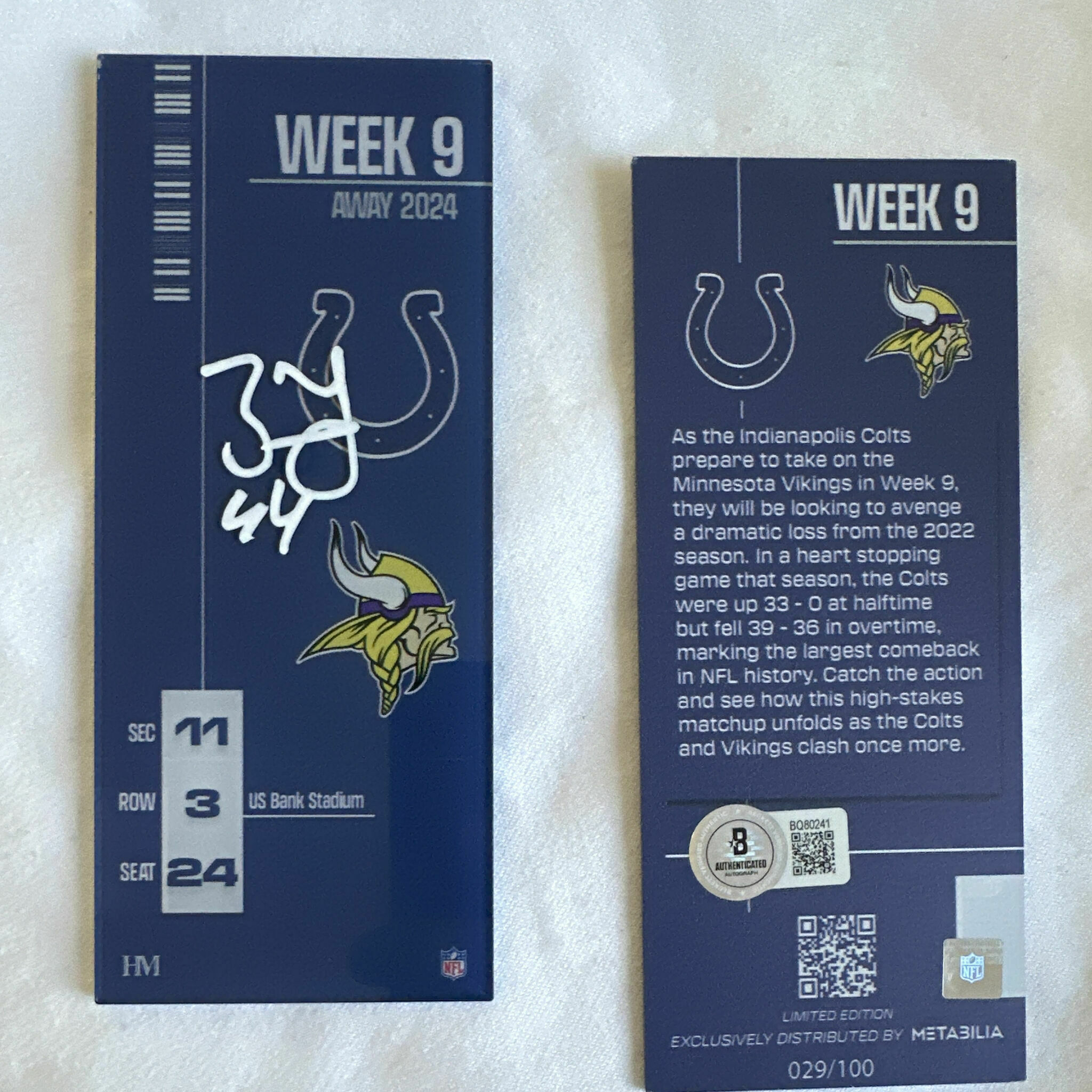 Zaire Franklin Signed Commemorative Ticket - Week 9