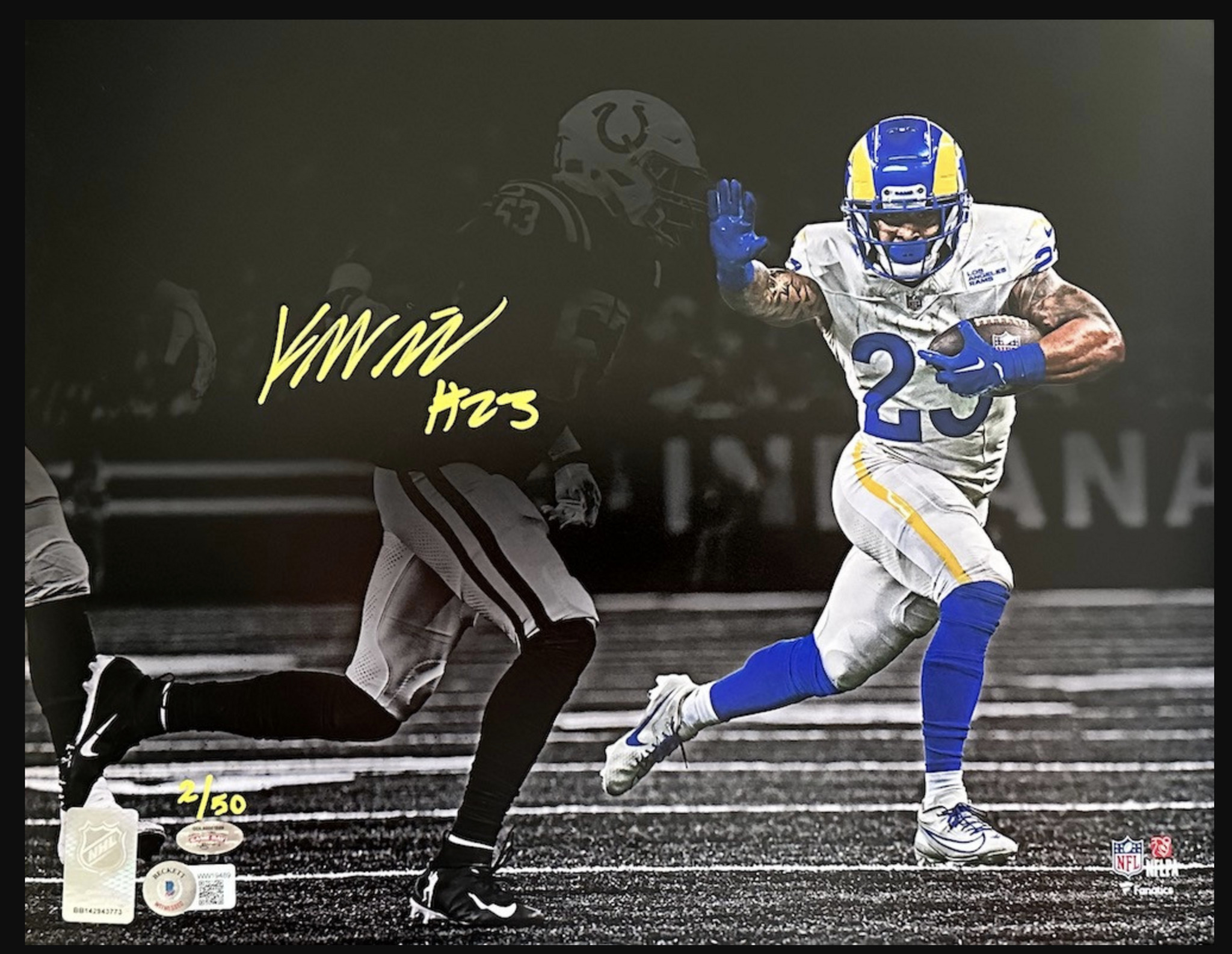 Kyren Williams Autographed Rams "Stiff Arm" 11" x 14" Photo Beckett / GDL LE 50