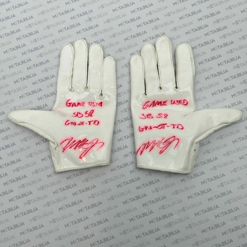#17 Hardman Signed & Inscribed Game-Worn SBLVIII Gloves vs 49ers - GW OT TD