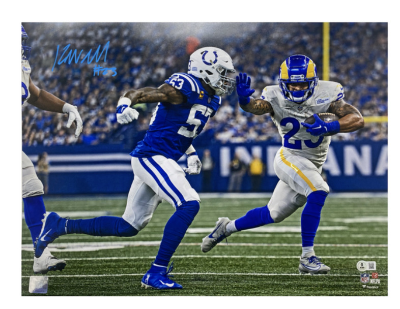 Kyren Williams Autographed (In Blue) Rams "Stiff Arm" 16" x 20" Photo Beckett