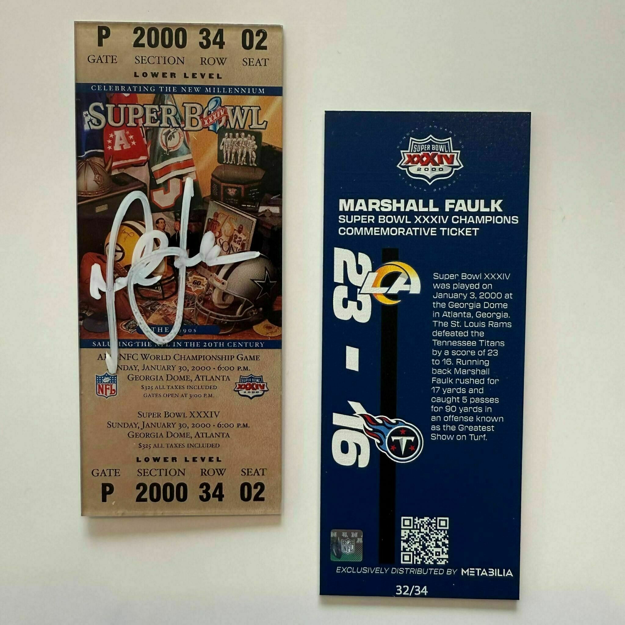 Marshall Faulk Signed Super Bowl XXXIV Commemorative Ticket