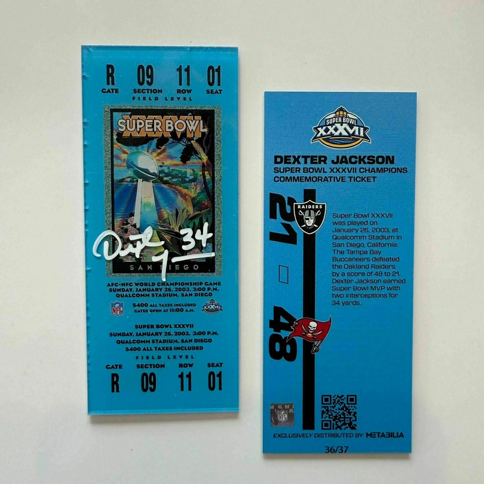 Dexter Jackson Signed Super Bowl XXXVII Commemorative Ticket