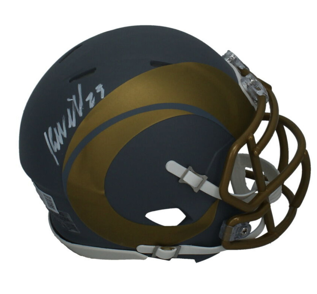 Kyren Williams Autographed (In White) Rams Slate Mini Speed Helmet Beckett