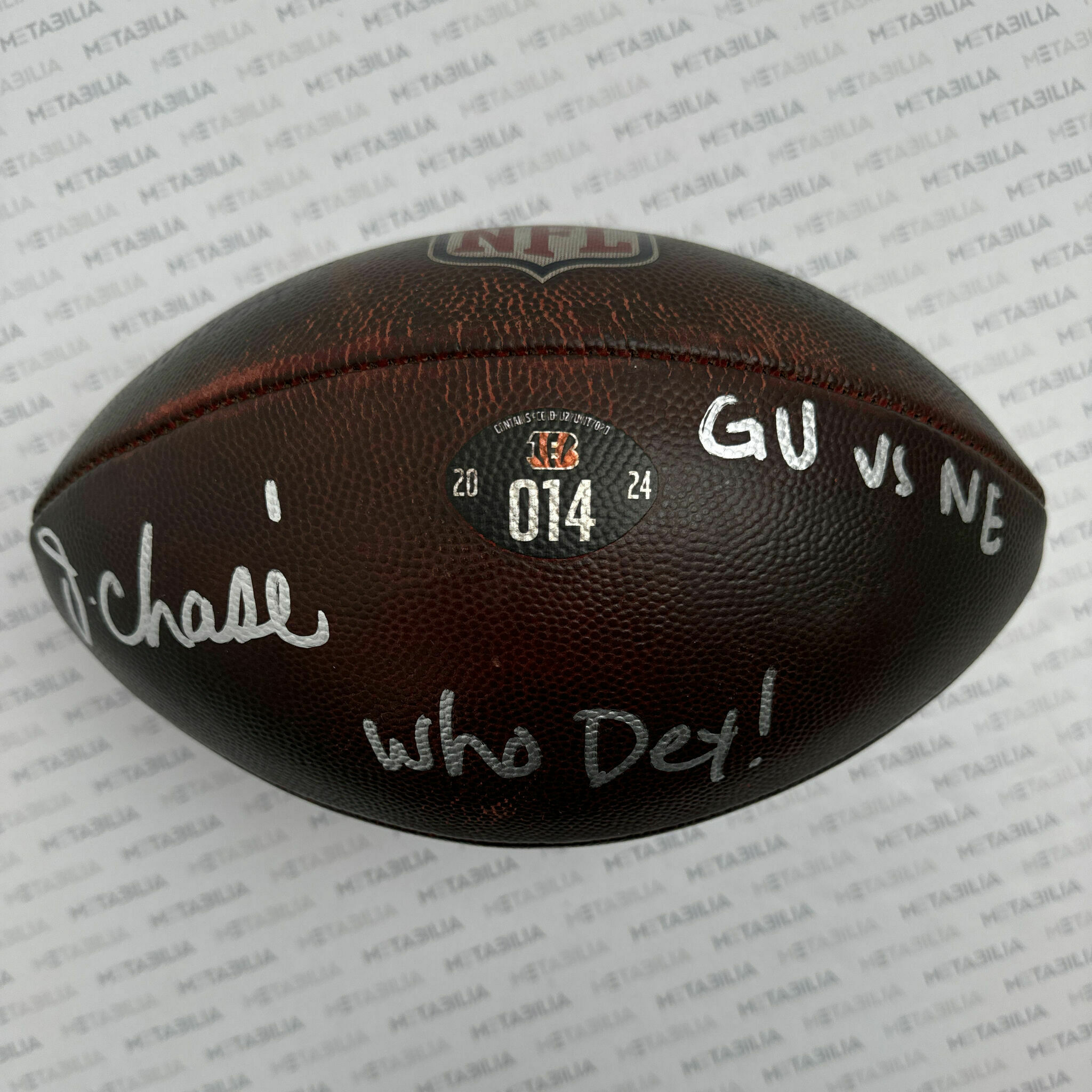 #1 Chase Signed & Inscribed Game-Used Ball #014 vs Patriots