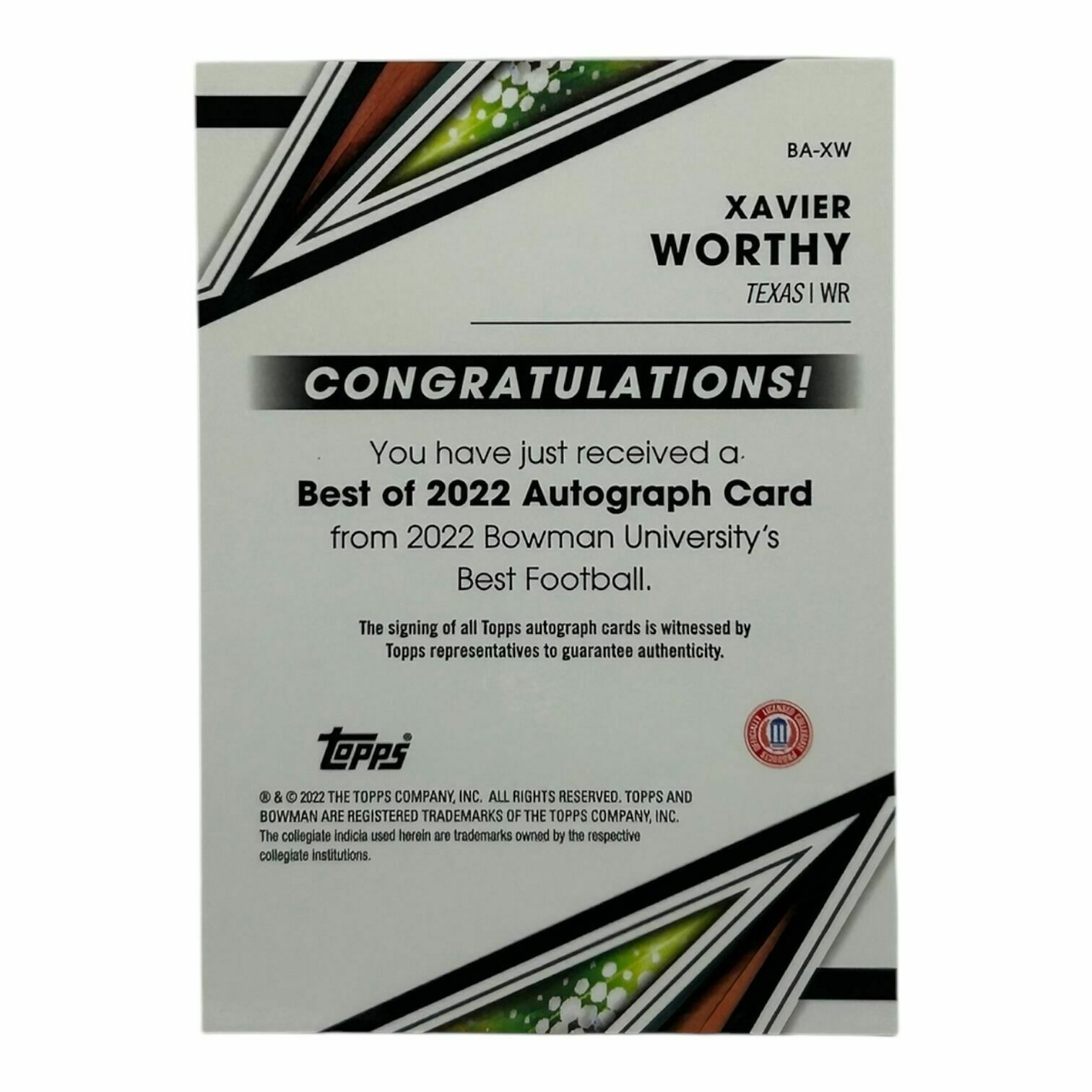 Xavier Worthy 2022 Topps Bowman University Best of '22 Autograph Rookie Trading Card