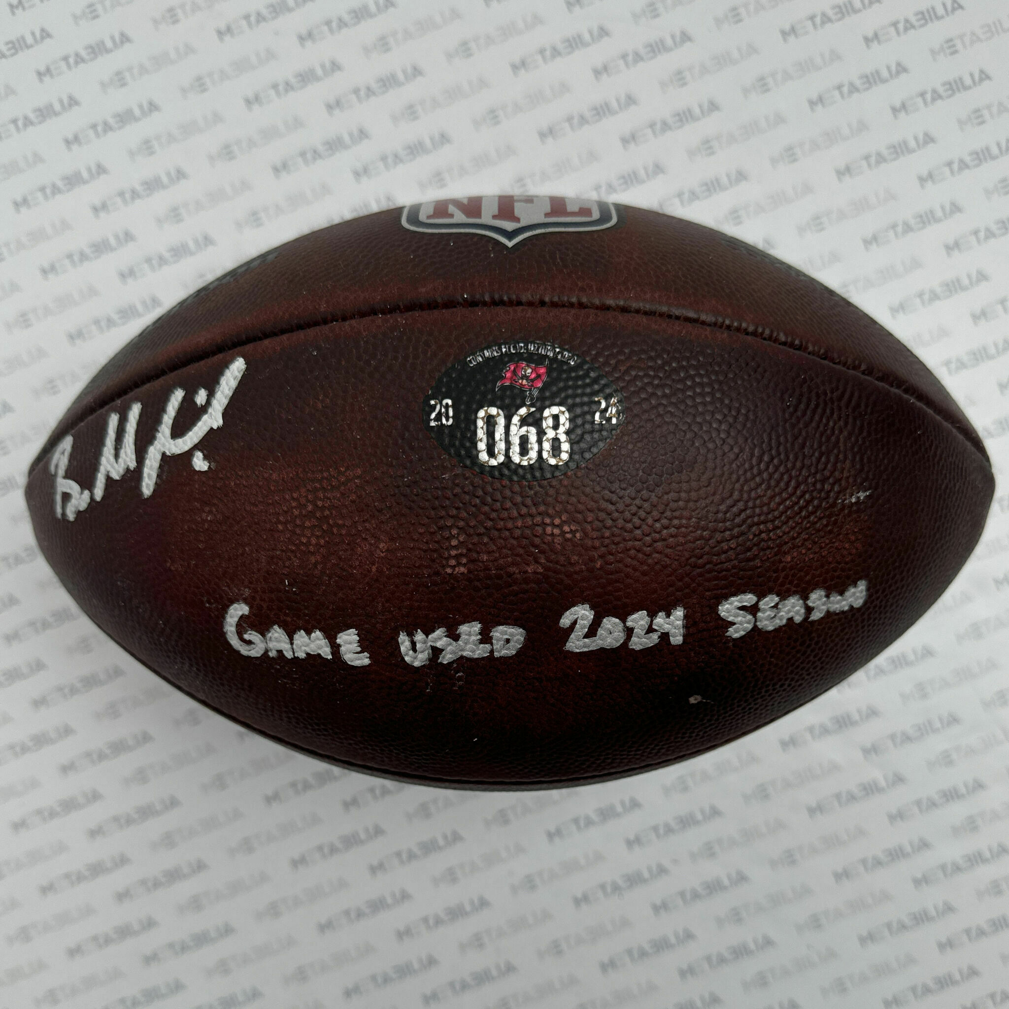 #6 Mayfield Signed & Inscribed Game-Used Ball #068 - 2024-2025 Season
