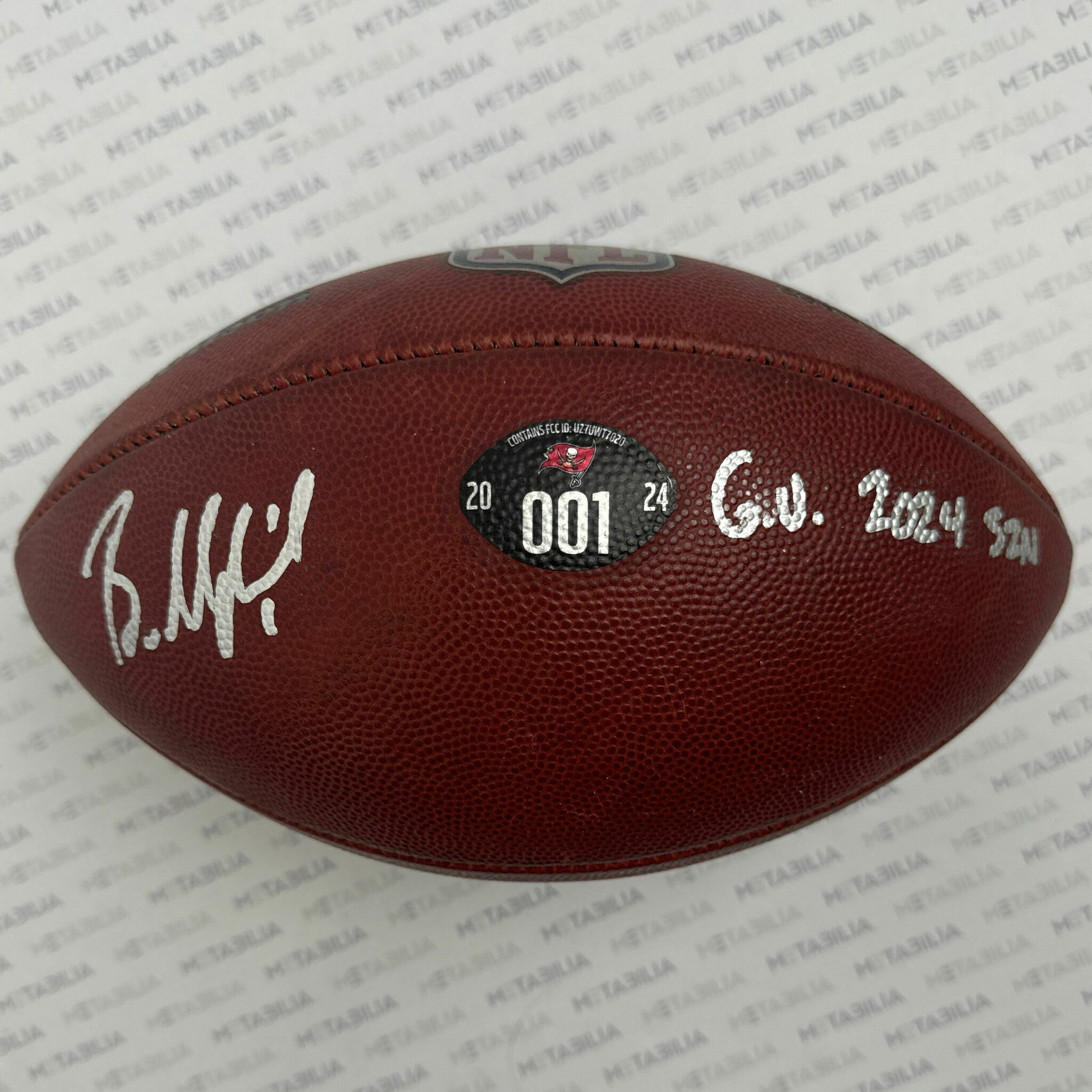 #6 Mayfield Signed & Inscribed Game-Used Ball #001 - 2024-2025 Season