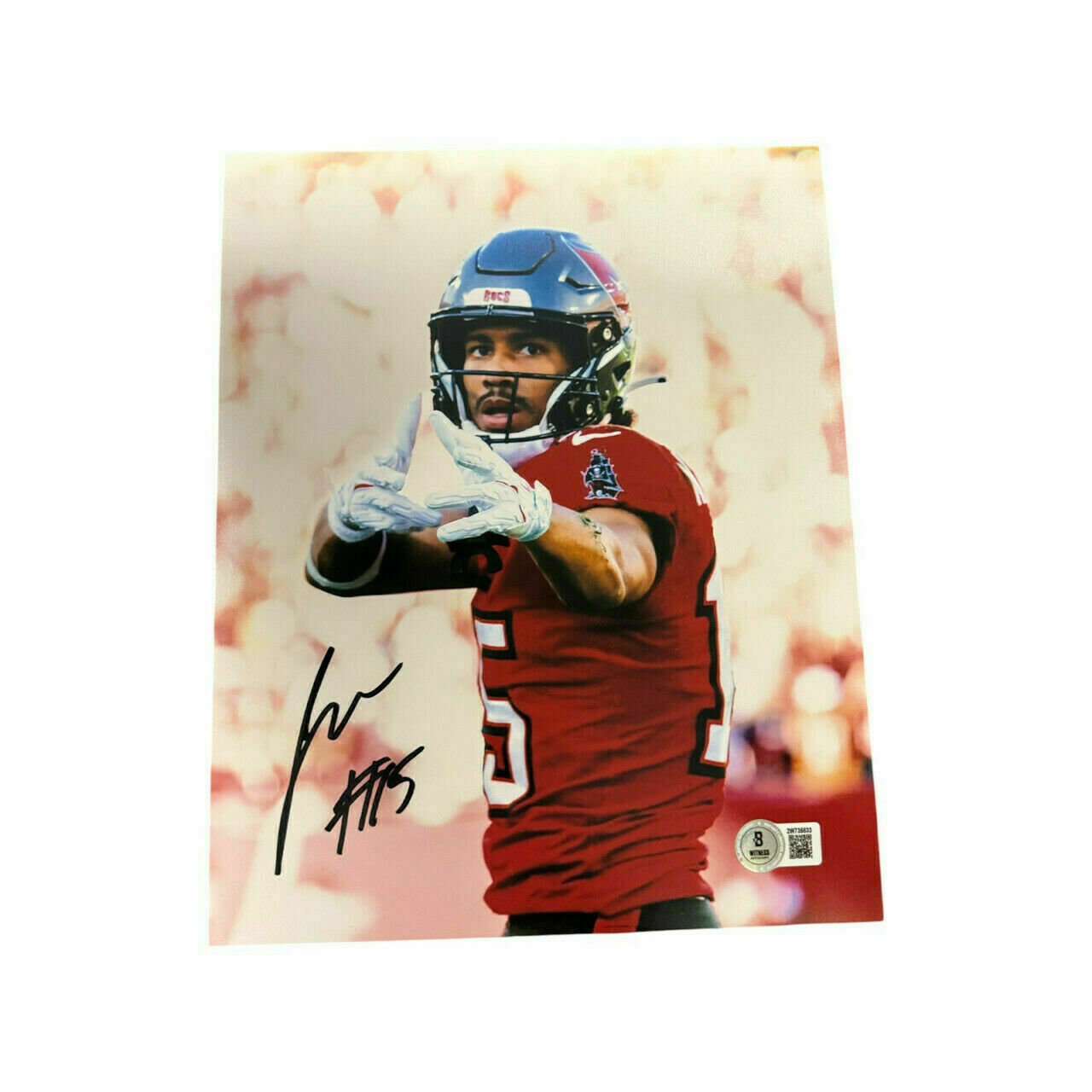Jalen McMillan Autographed Tampa Bay Buccaneers 8x10 Photo First Down Point in Red - Beckett