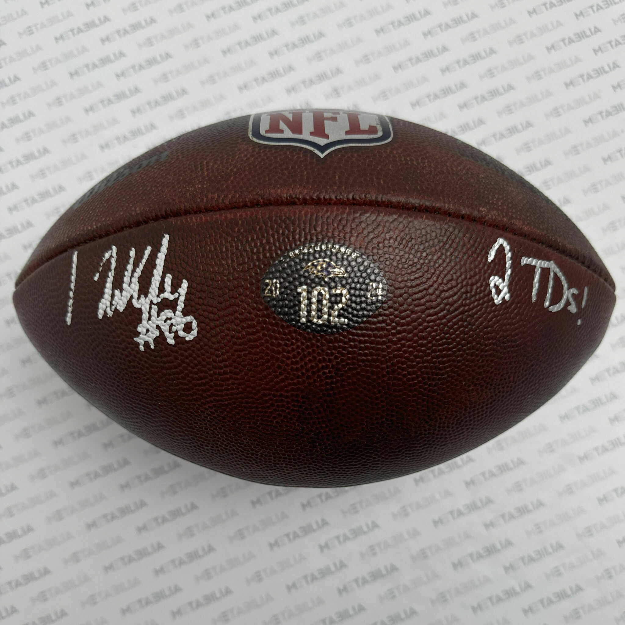 #80 Likely Signed & Inscribed PHOTOMATCHED Ravens Game-Used Ball #102 vs Bengals