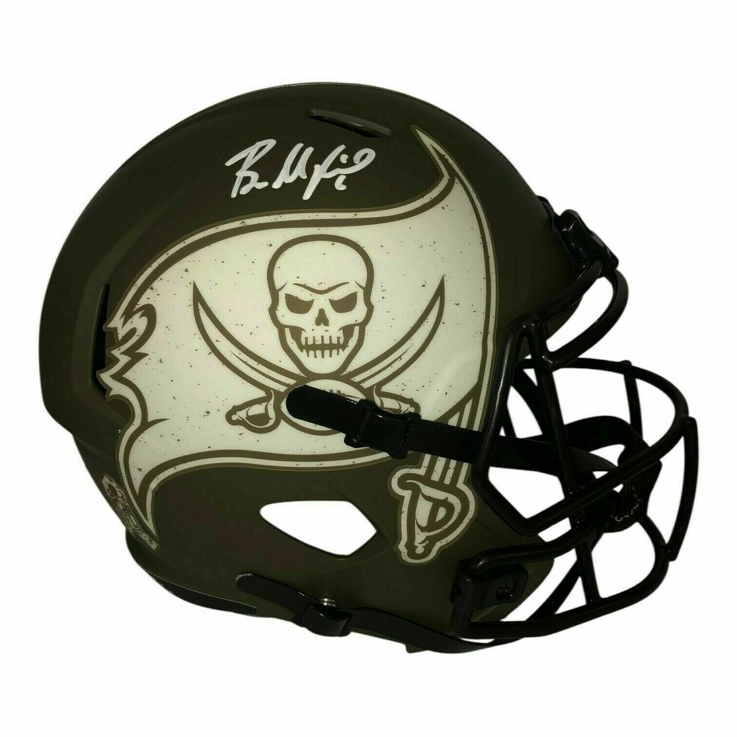 Baker Mayfield Autographed Tampa Bay Buccaneers Full Size Army Green Salute to Service Replica Helmet - Beckett