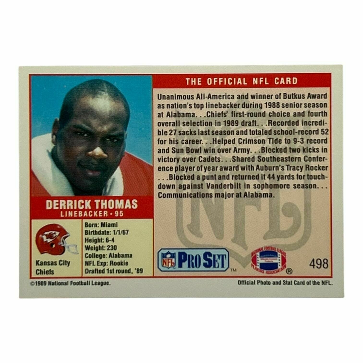 Derrick Thomas 1989 NFL Pro Set Football Prospect No. 1 Pick Rookie Trading Card
